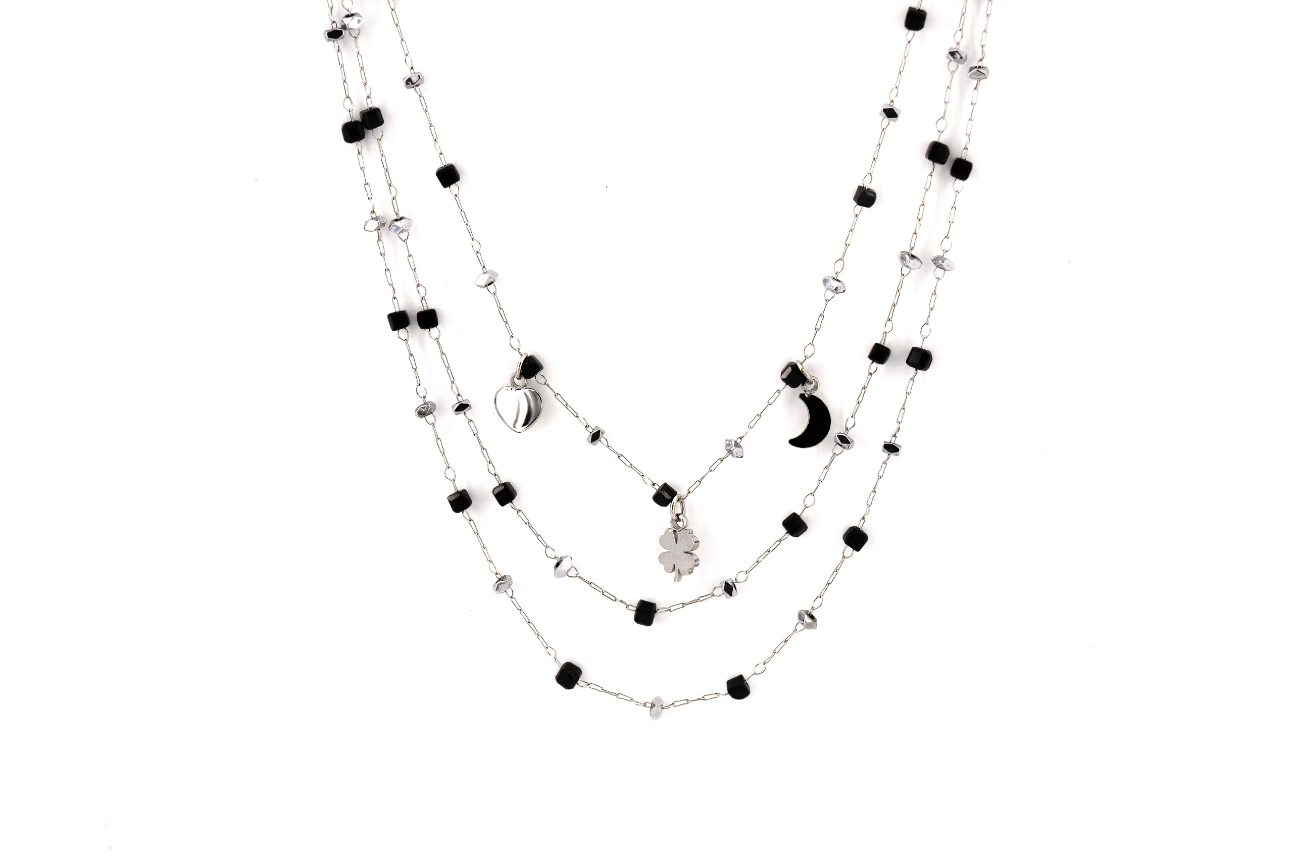 Collana corta tre fili acciaio e onice con tre pendenti