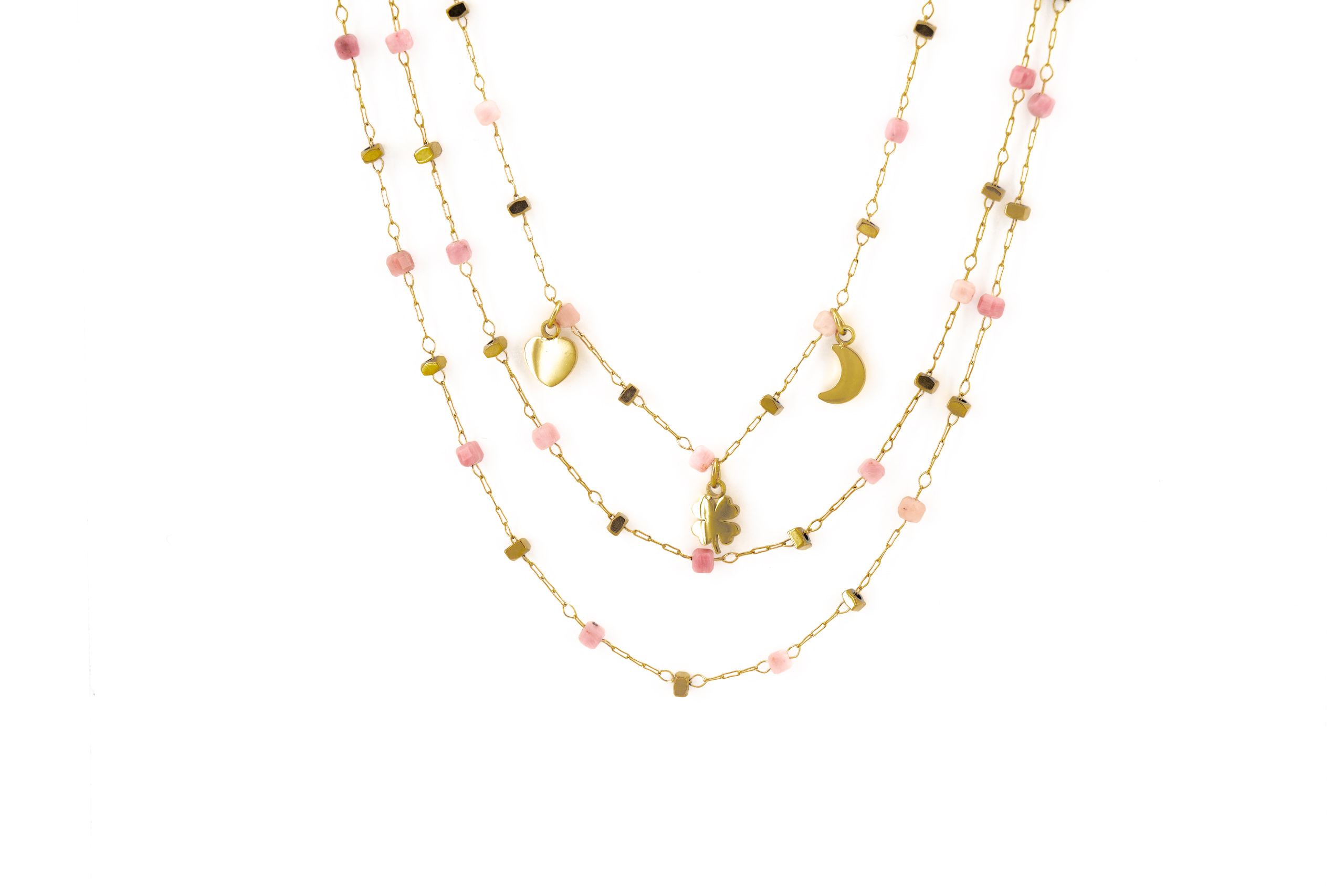 Collana corta tre fili acciaio e rodocrosite con tre pendenti