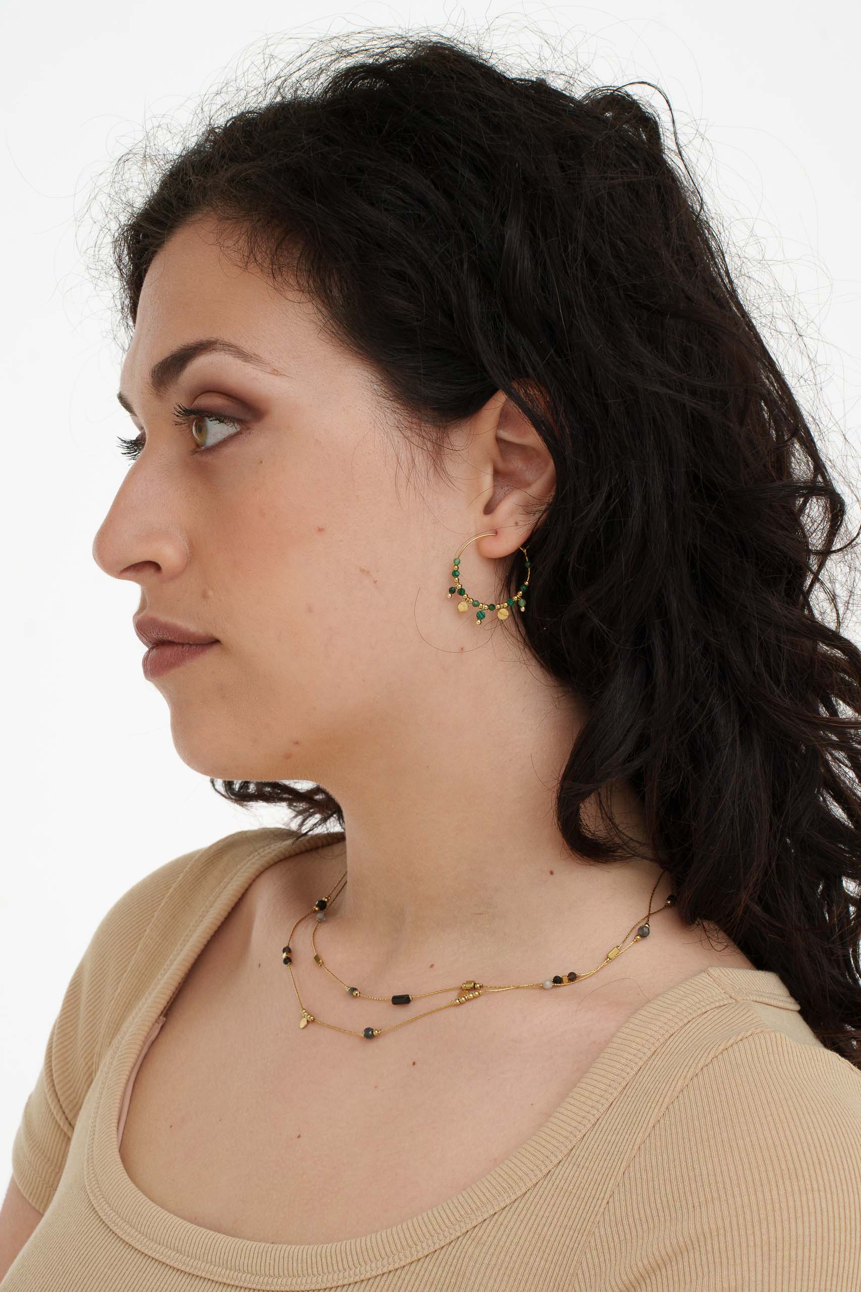 Orecchini cerchio 25mm acciaio e malachite tondini pendenti