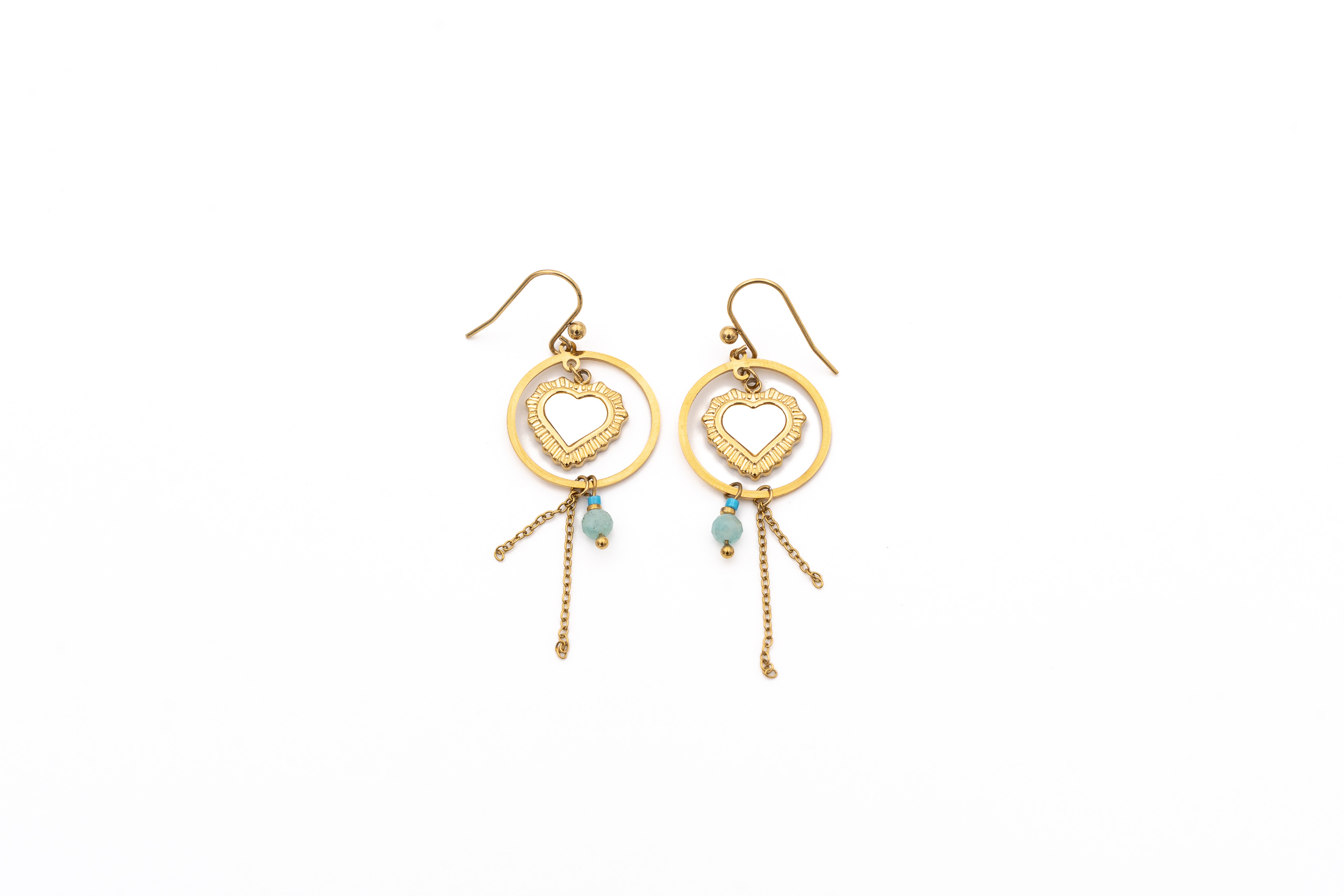 Orecchini acciaio cuoricino madreperla con pietrine verdi