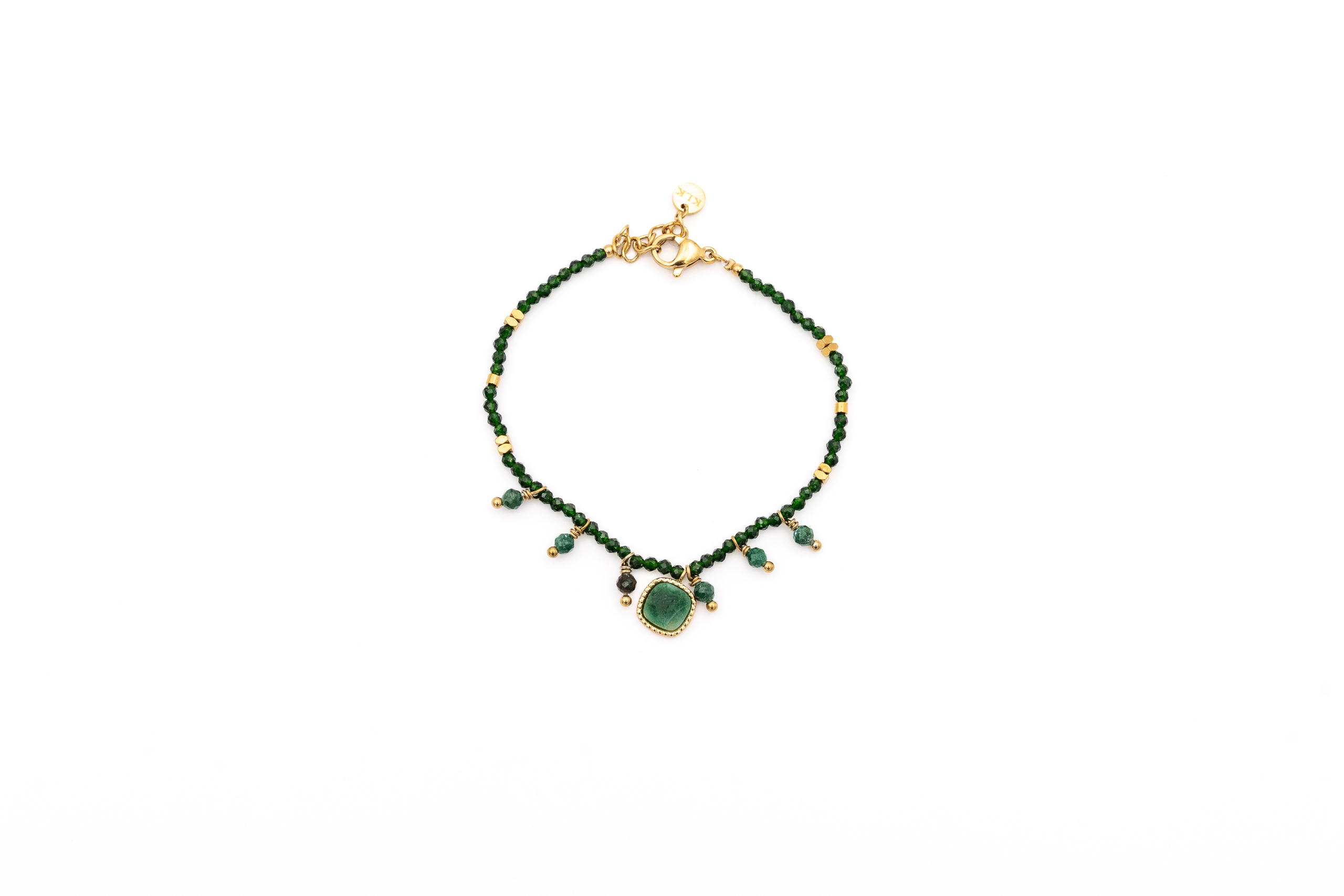 Bracciale acciaio dorarto pietrine e quadretto verde scuro