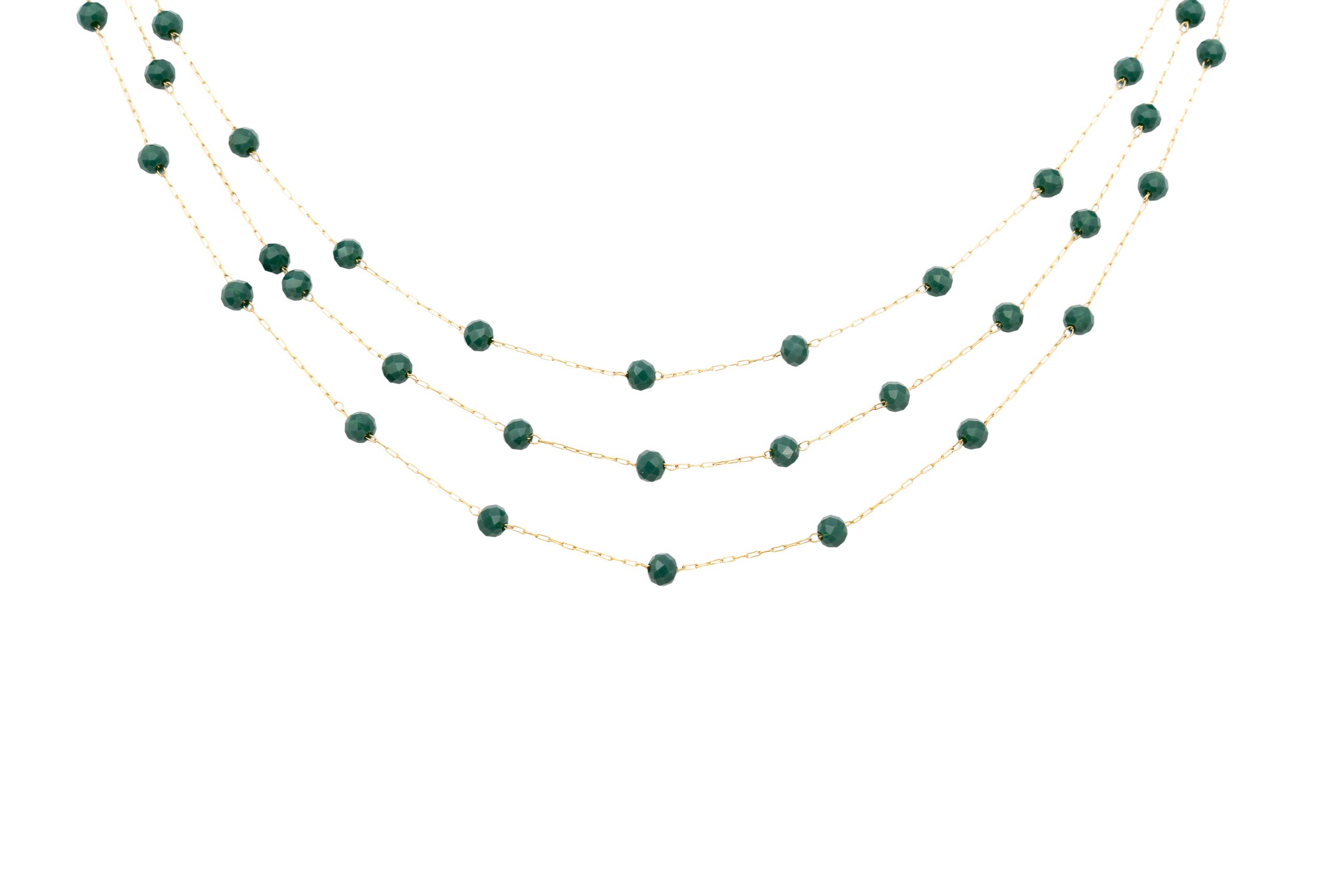 Collana corta tre fili acciaio pietrine verdi