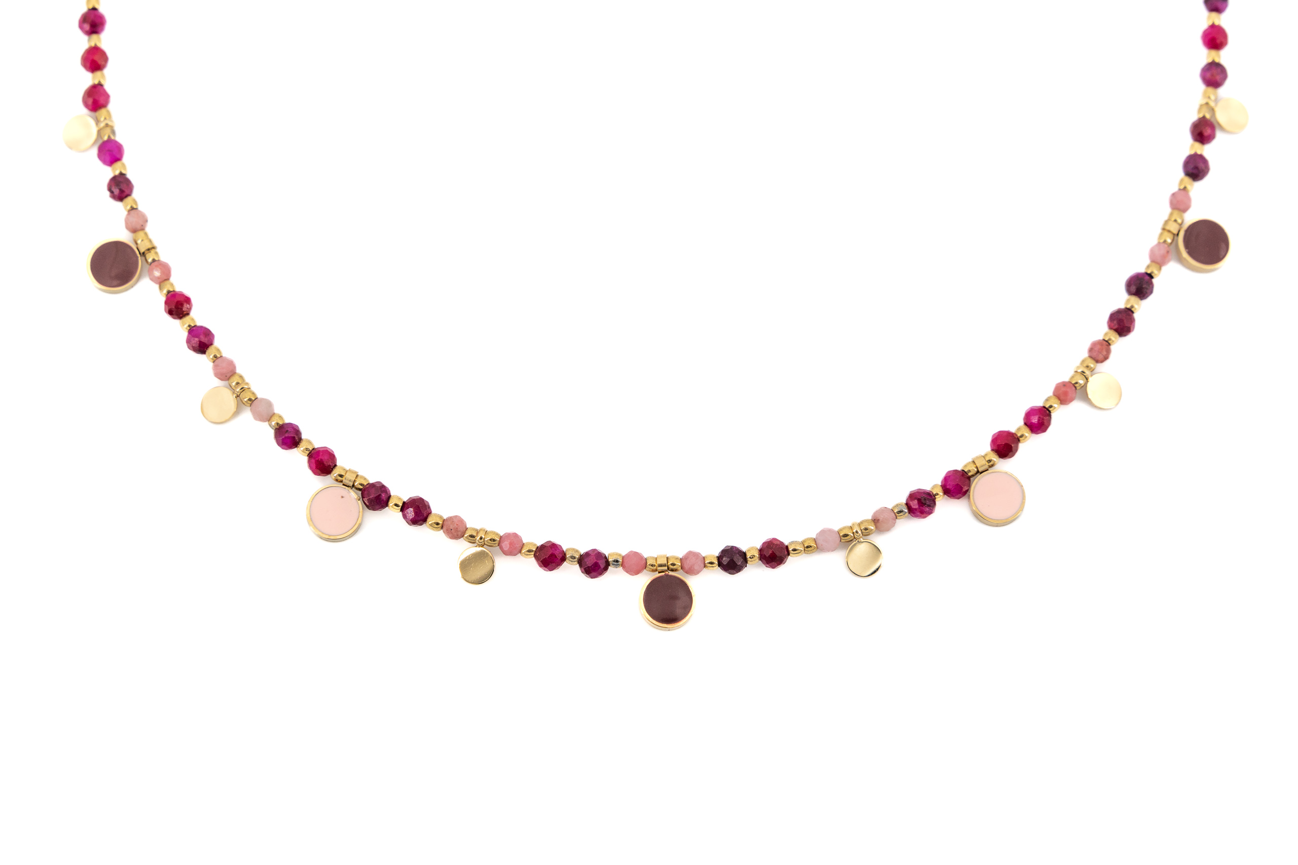 Collana corta acciaio dorato pietrine rosse tondini smaltati
