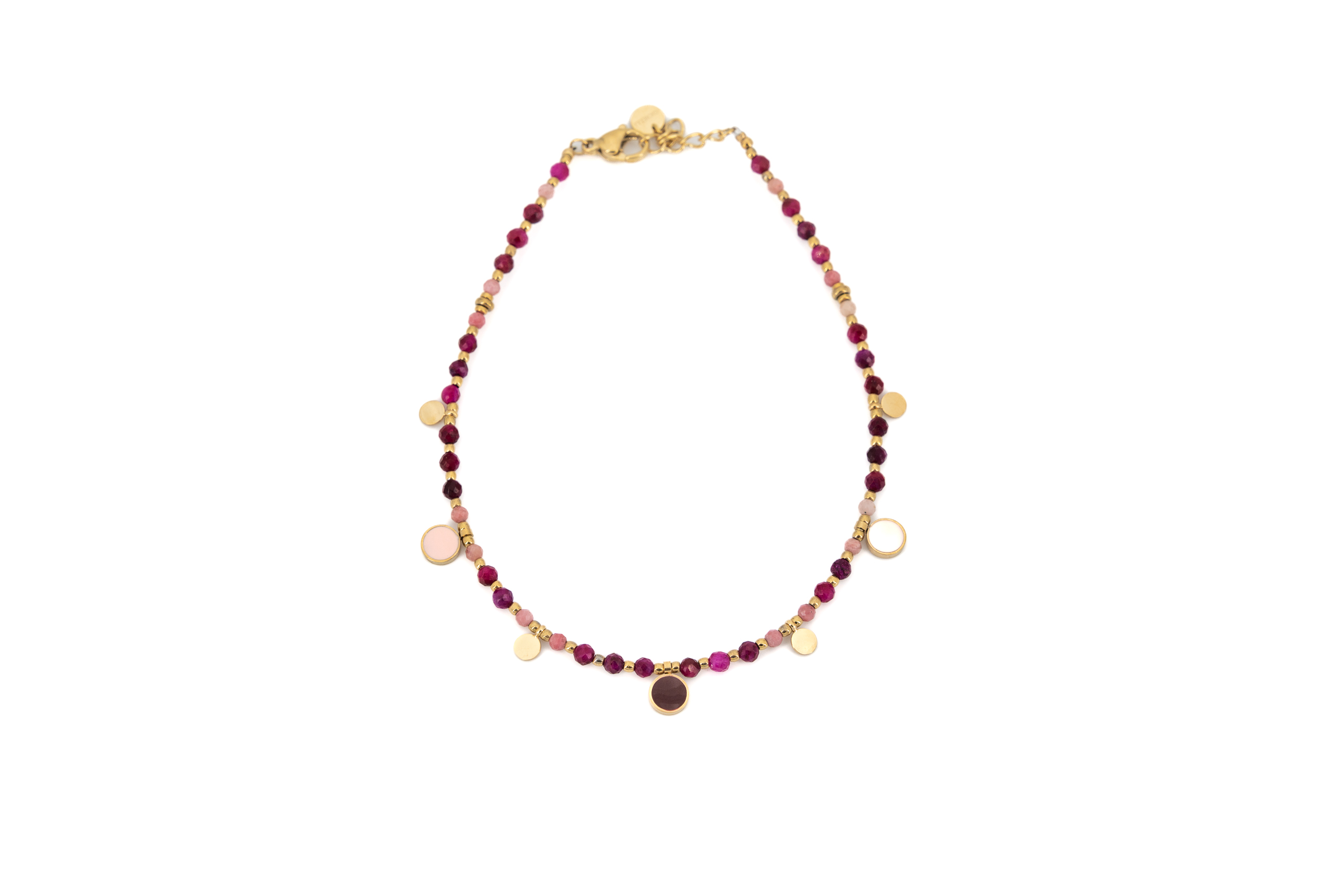 Cavigliera acciaio dorato pietrine rosse con tondini smaltati