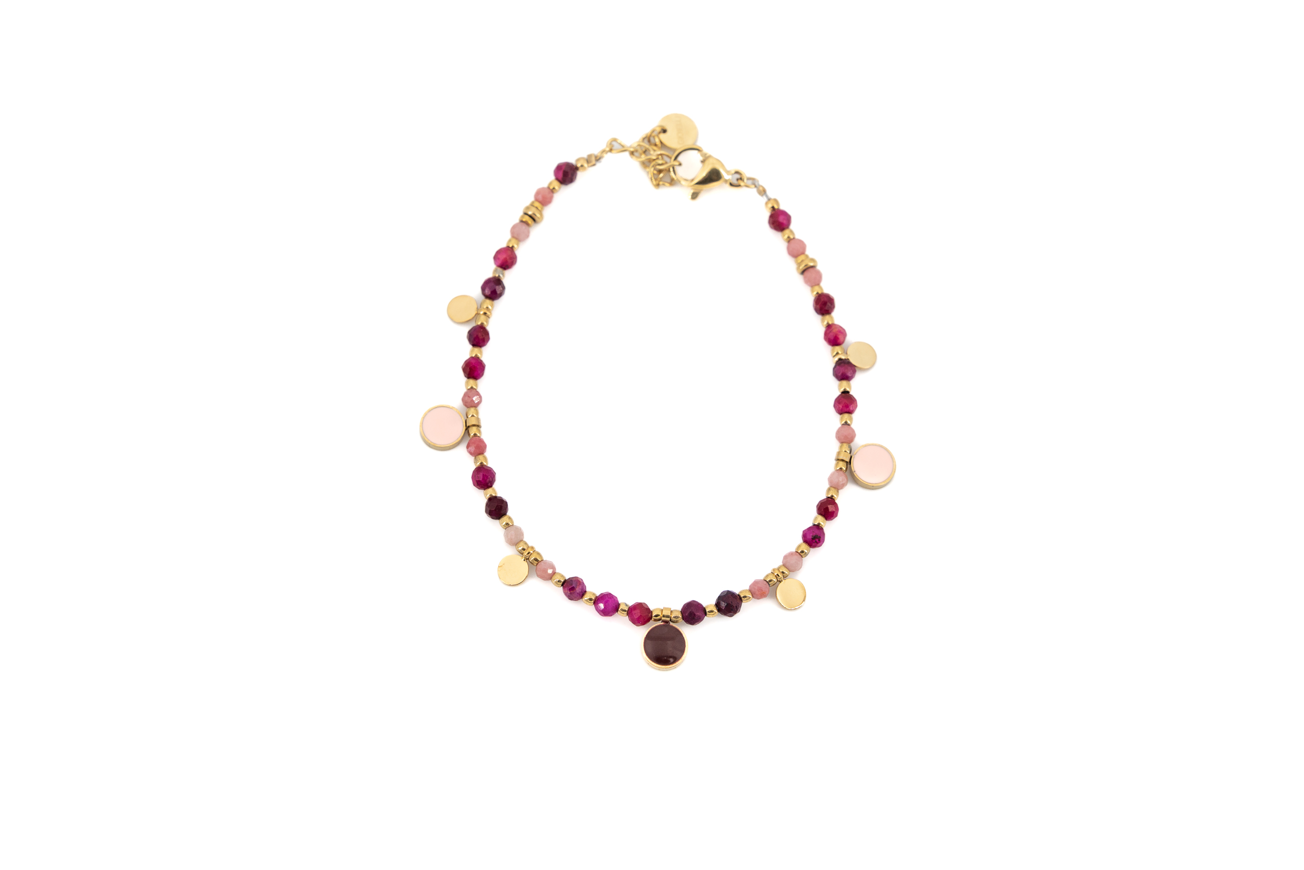 Bracciale acciaio dorato pietrine rosse con tondini smaltati