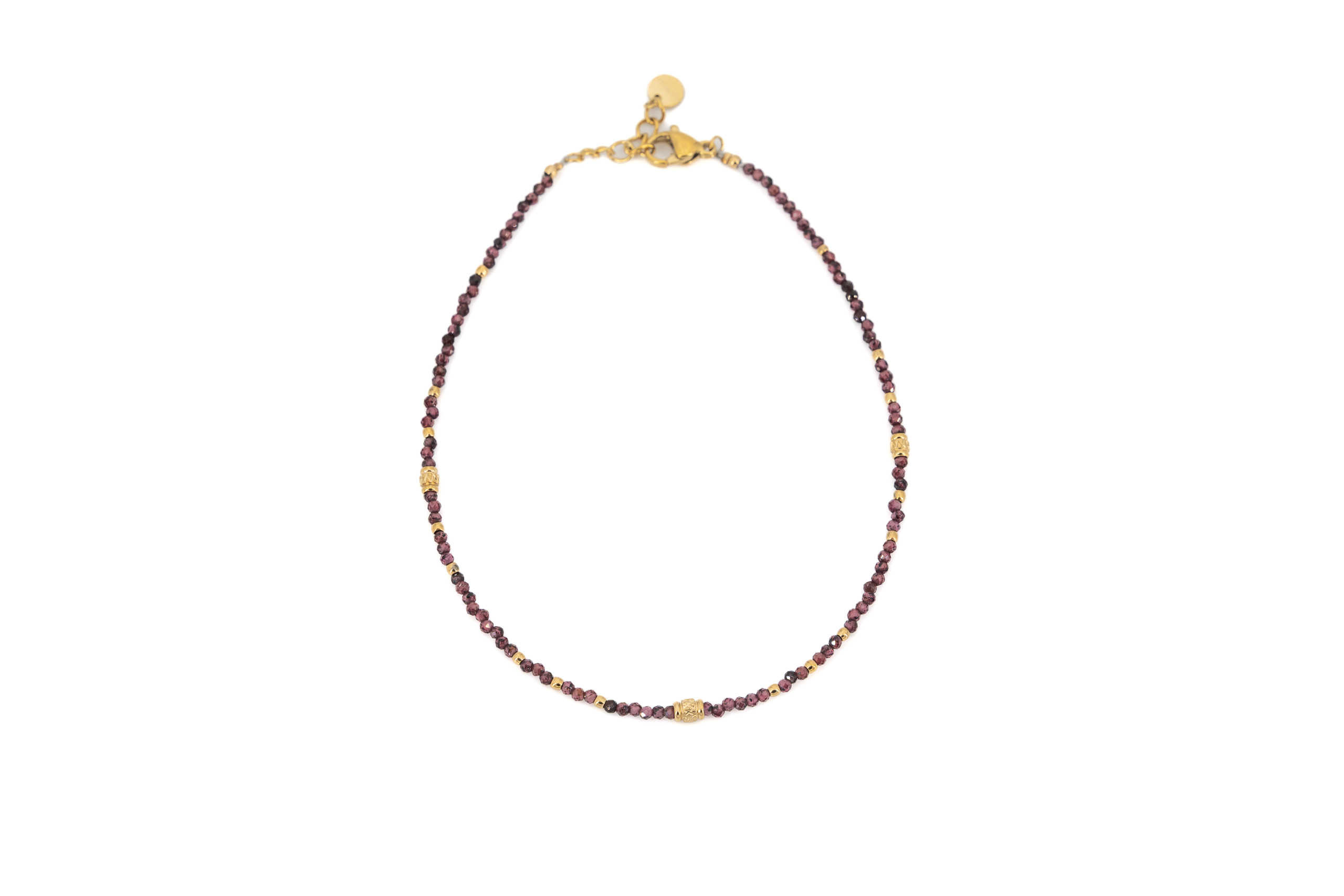 Cavigliera acciaio dorato con pietrine viola e tubini