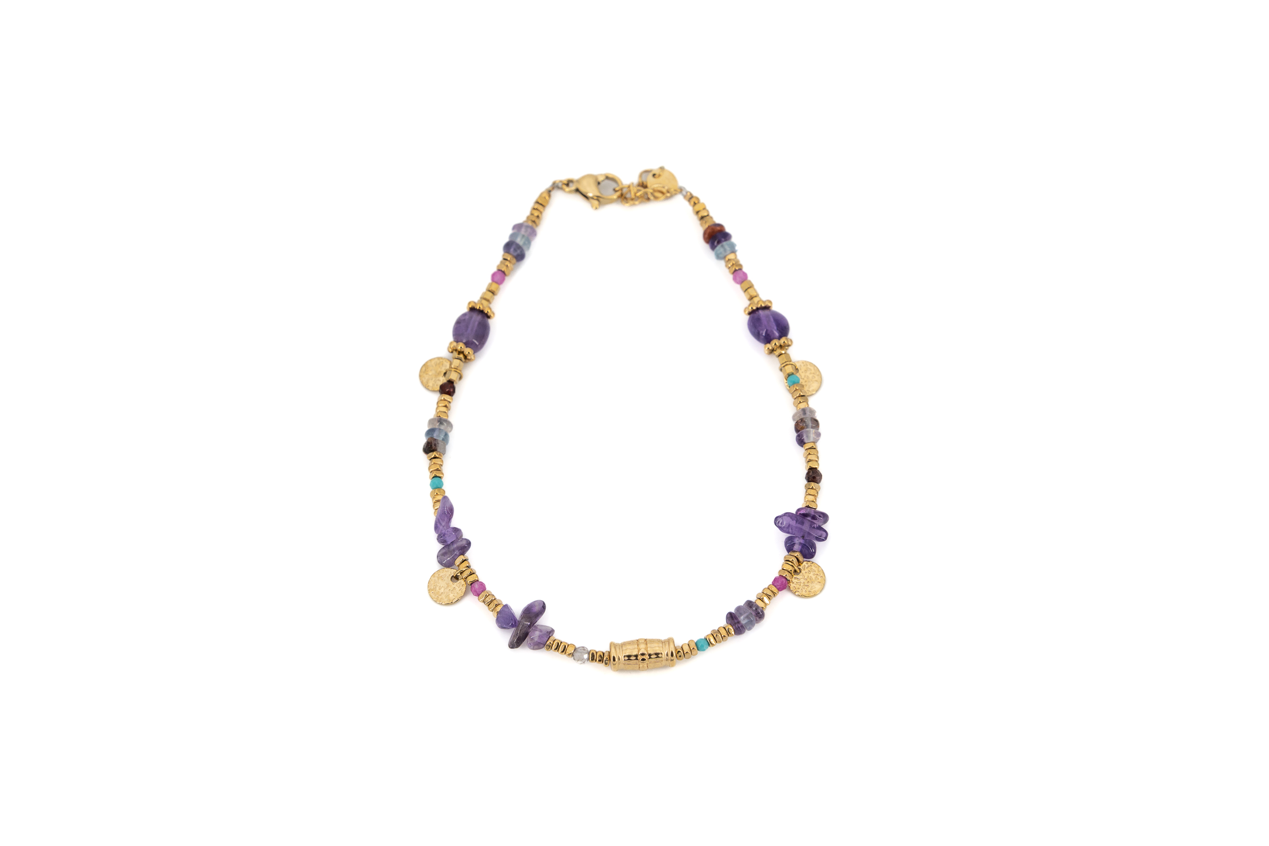 Cavigliera acciaio dorato con pietre viola tondini e tubini