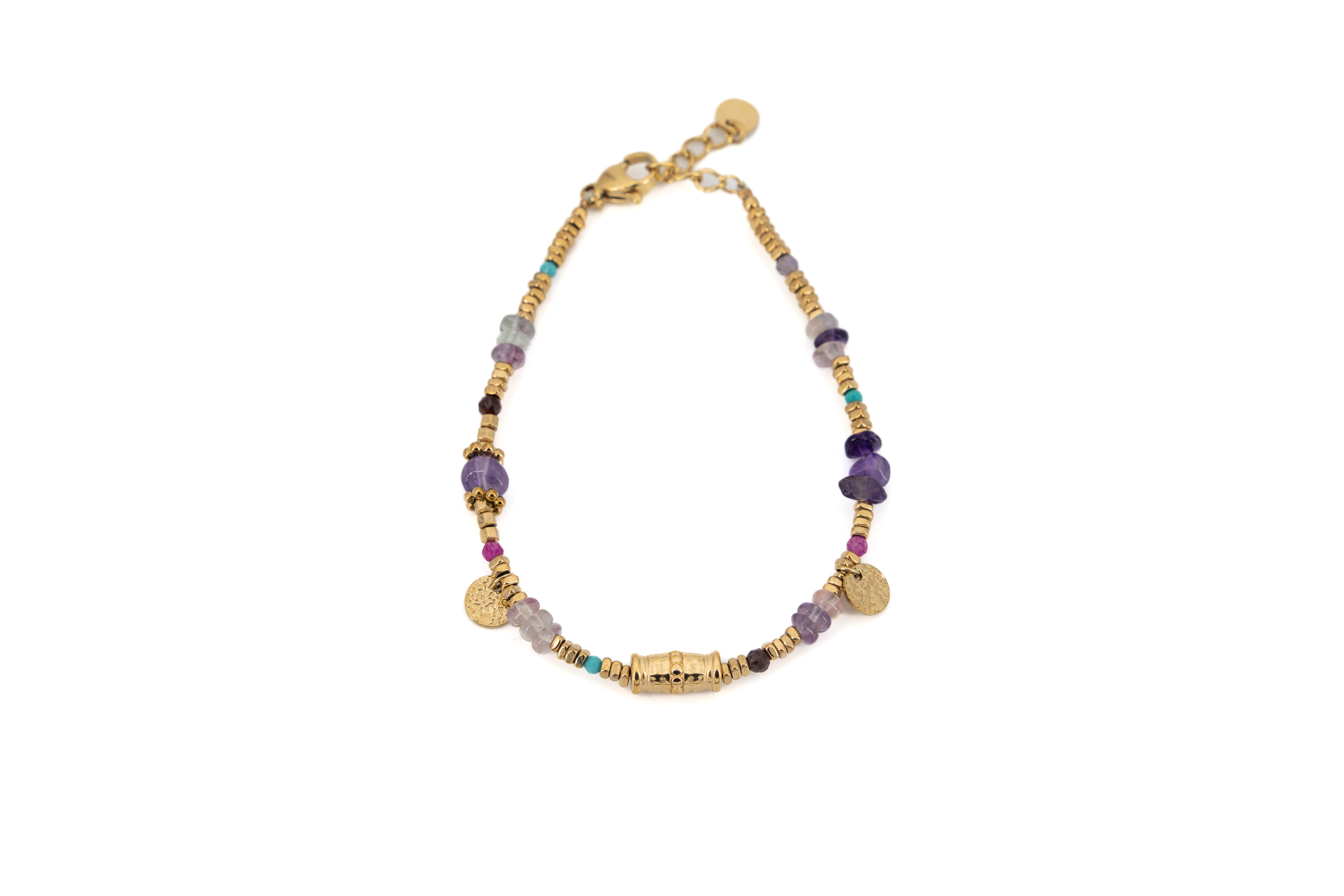 Bracciale acciaio dorato con pietre viola tondini e tubini