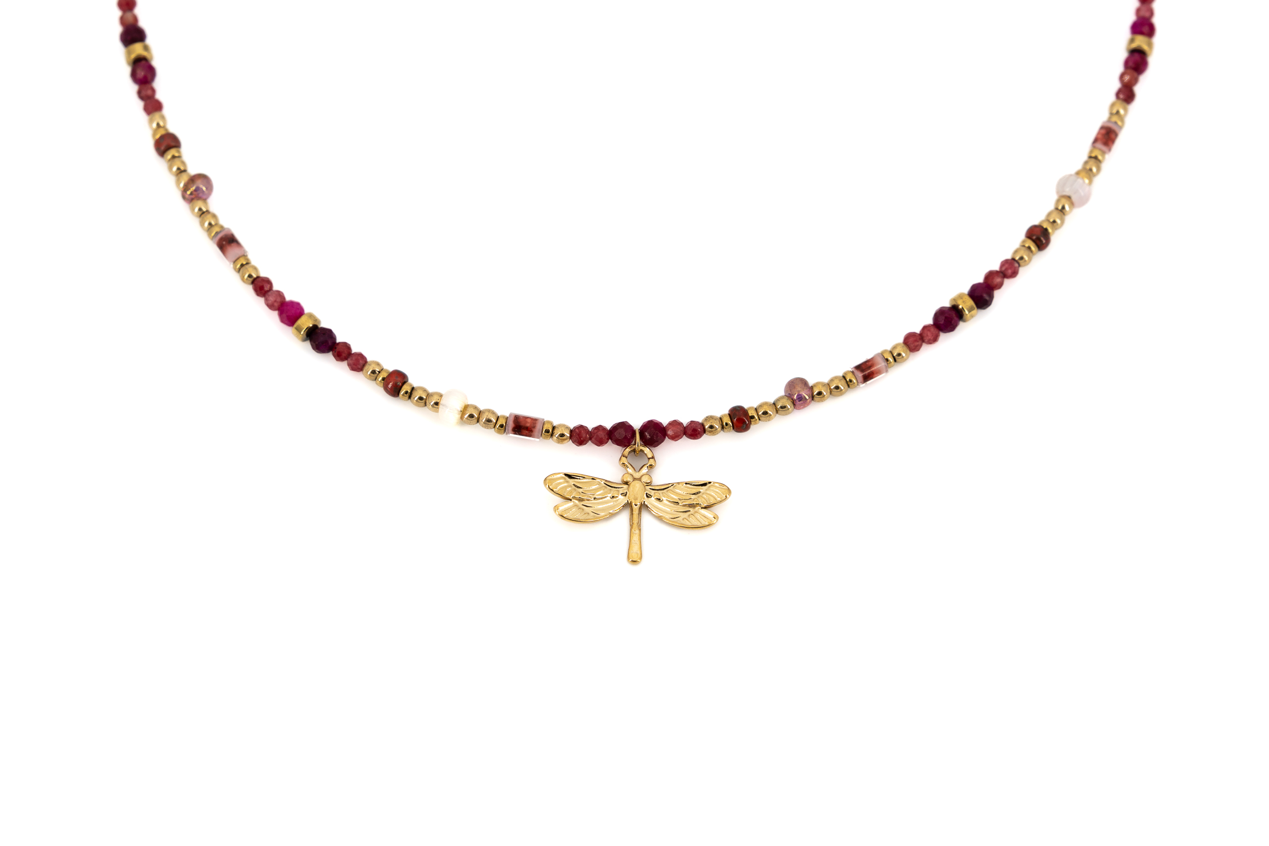 Collana corta acciaio dorato pietrine rosse e libellula