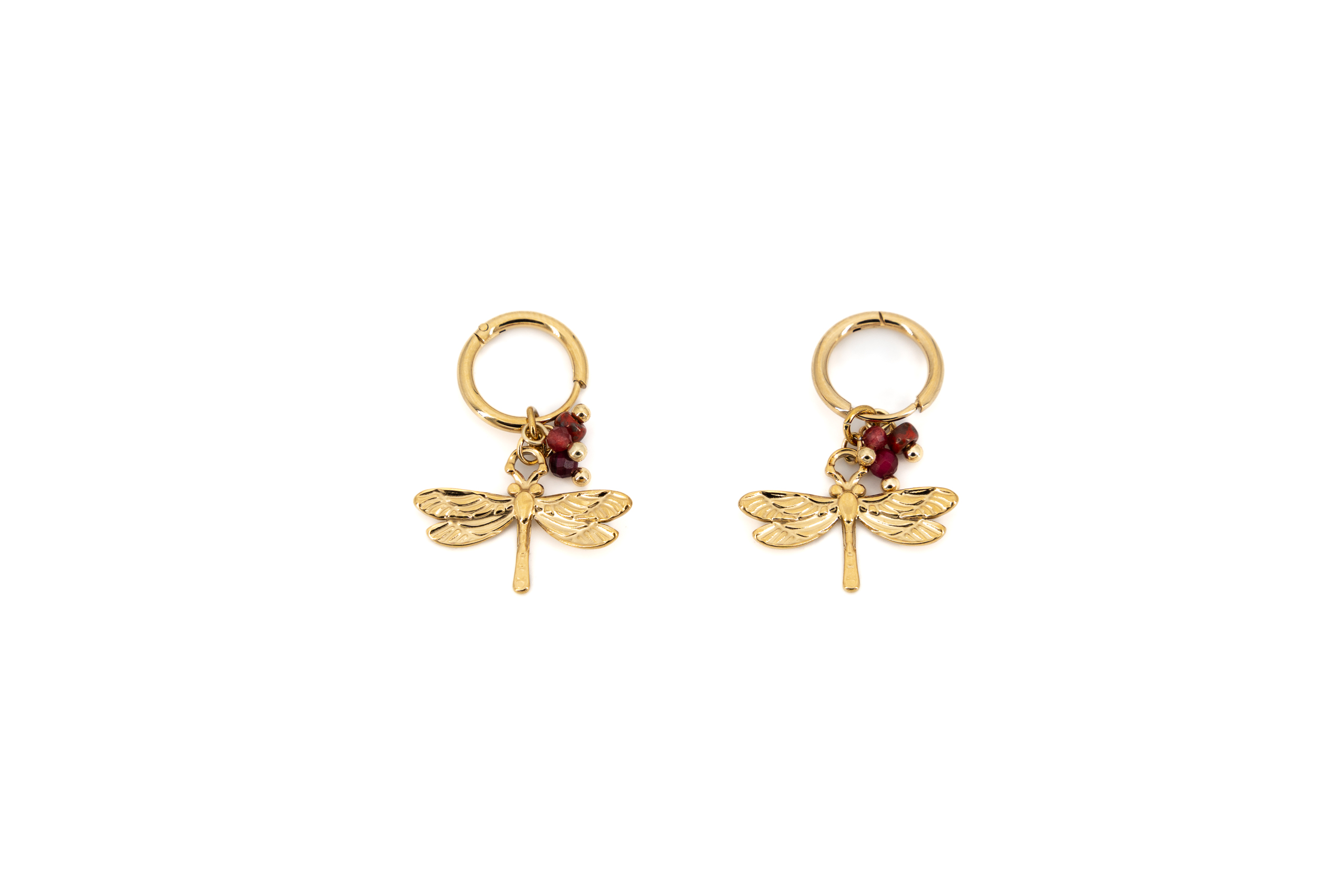 Orecchini acciaio dorato cerchietto 10 mm pietrine e libellula