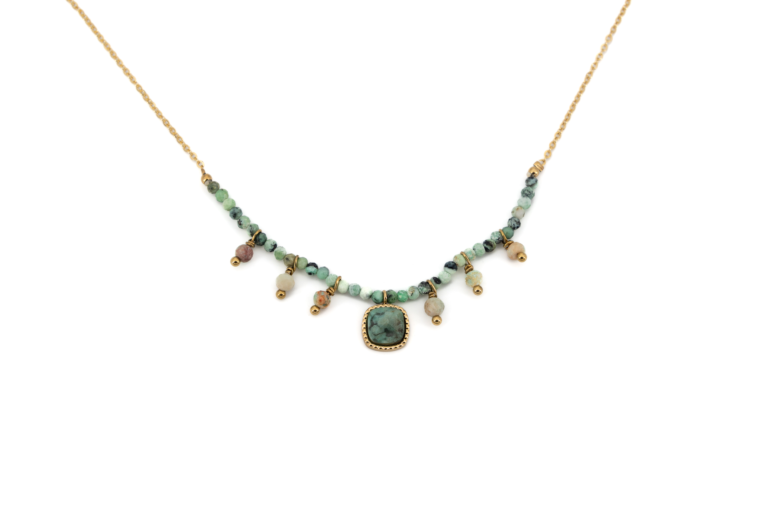 Collana corta acciaio dorato pietrine e quadretto verde
