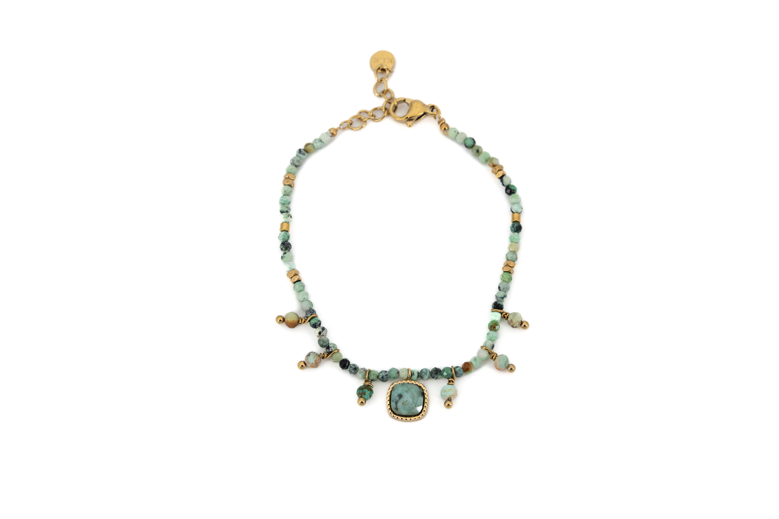 Bracciale acciaio dorarto pietrine e quadretto verde