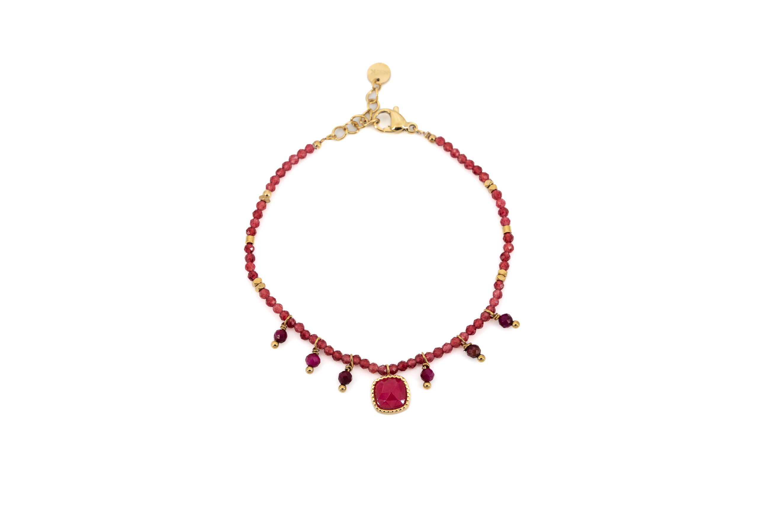 Bracciale acciaio dorato pietrine e quadretto rosso