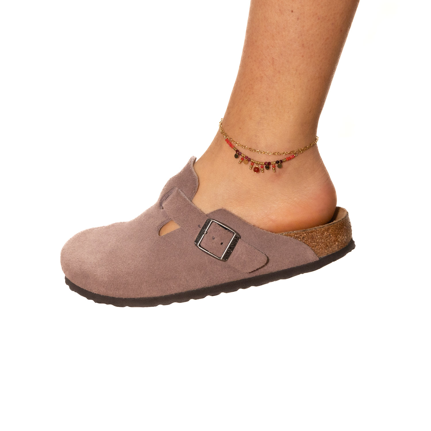 Cavigliera due catene acciaio dorato pietrine rosse