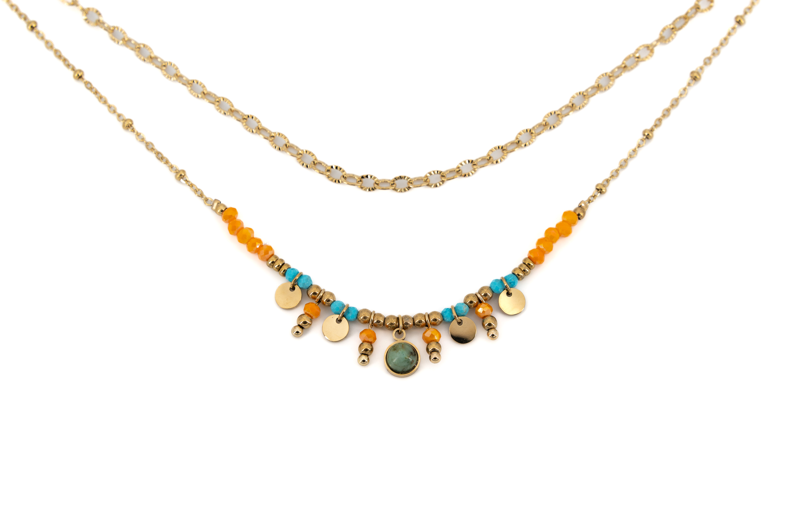 Collana corta due catene acciaio dorato pietrine turchesi,aran