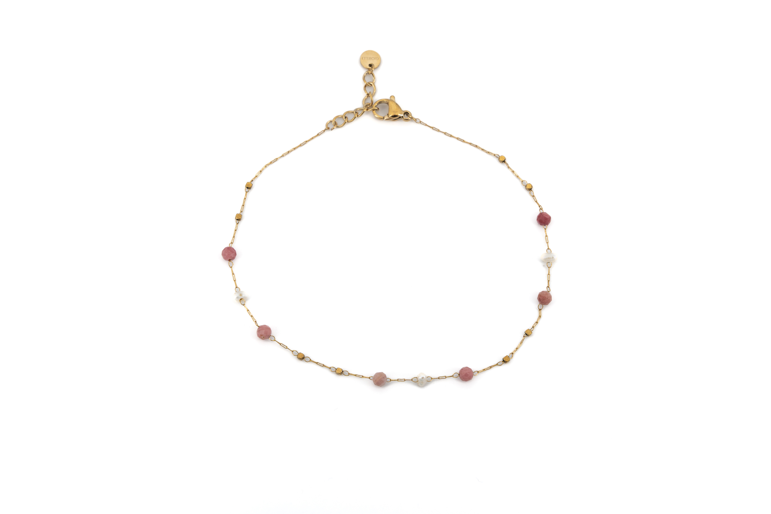 Cavigliera acciaio dorato con pietrine rosa e perle