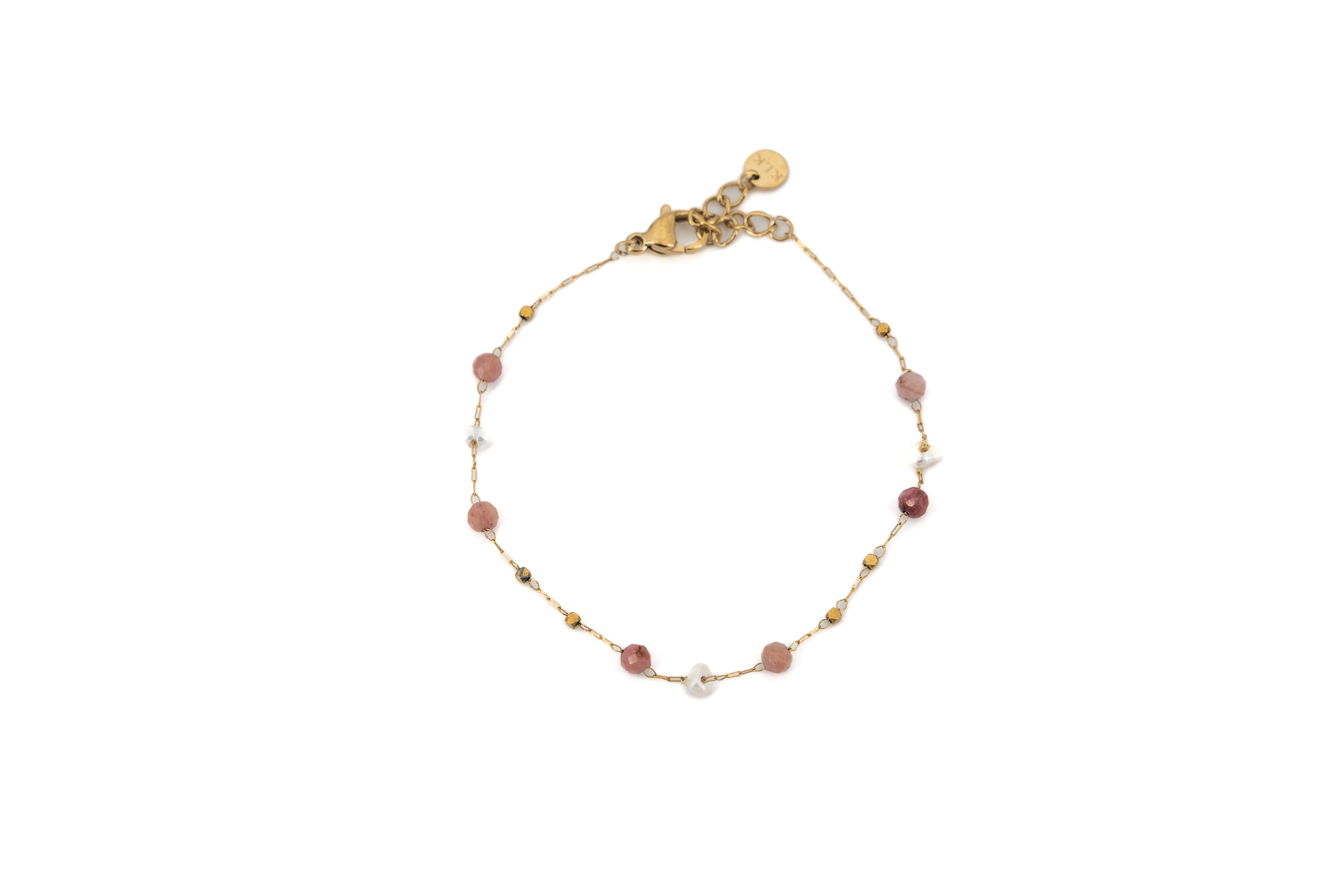 Bracciale acciaio dorato con pietrine rosa e perle