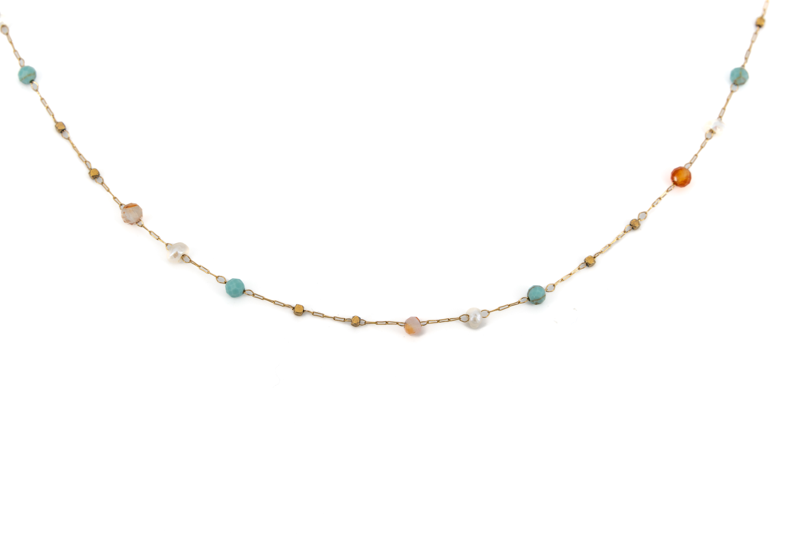 Collana corta acciaio dorato con pietrine turchese e perle
