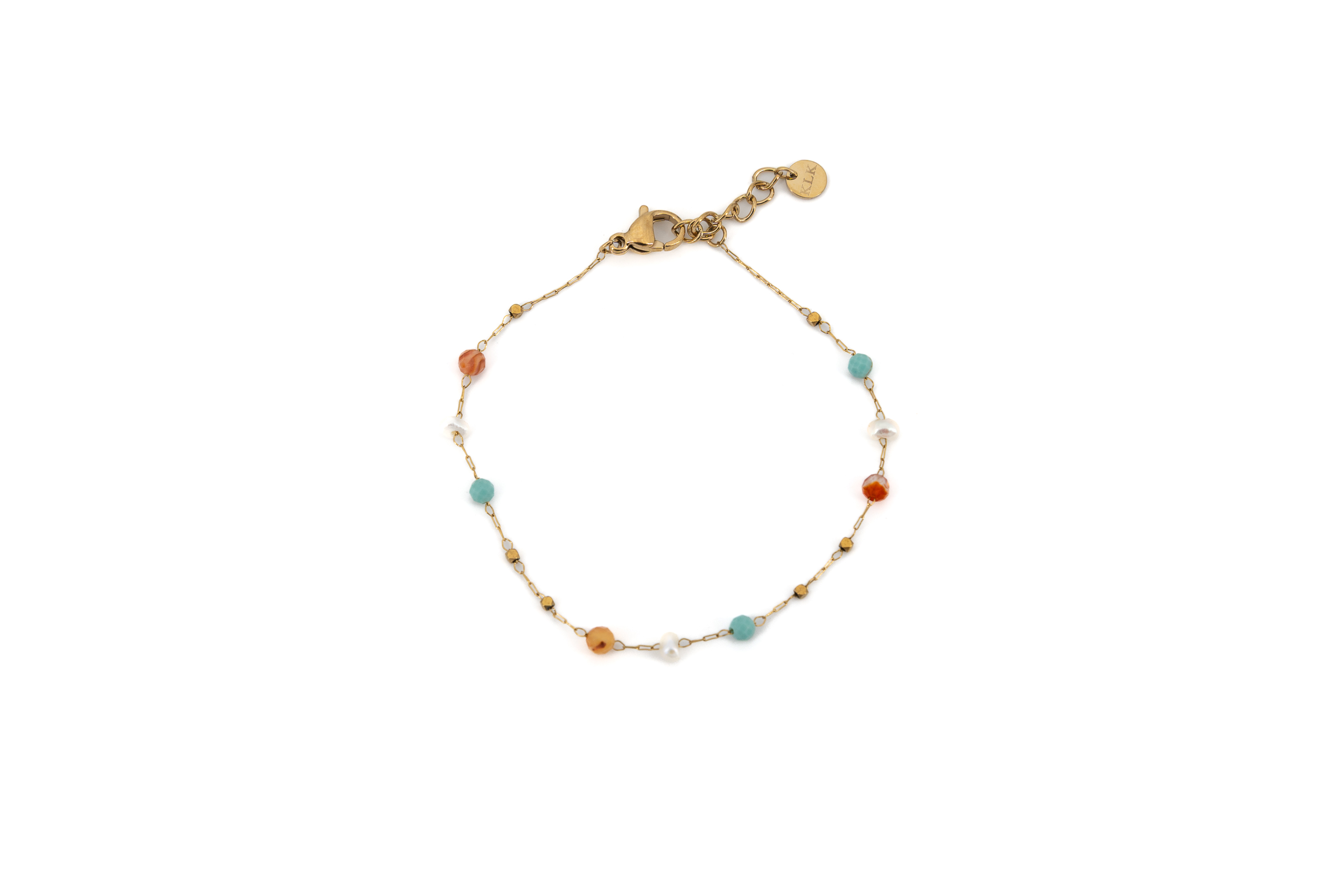 Bracciale acciaio dorato con pietrine turchese e perle