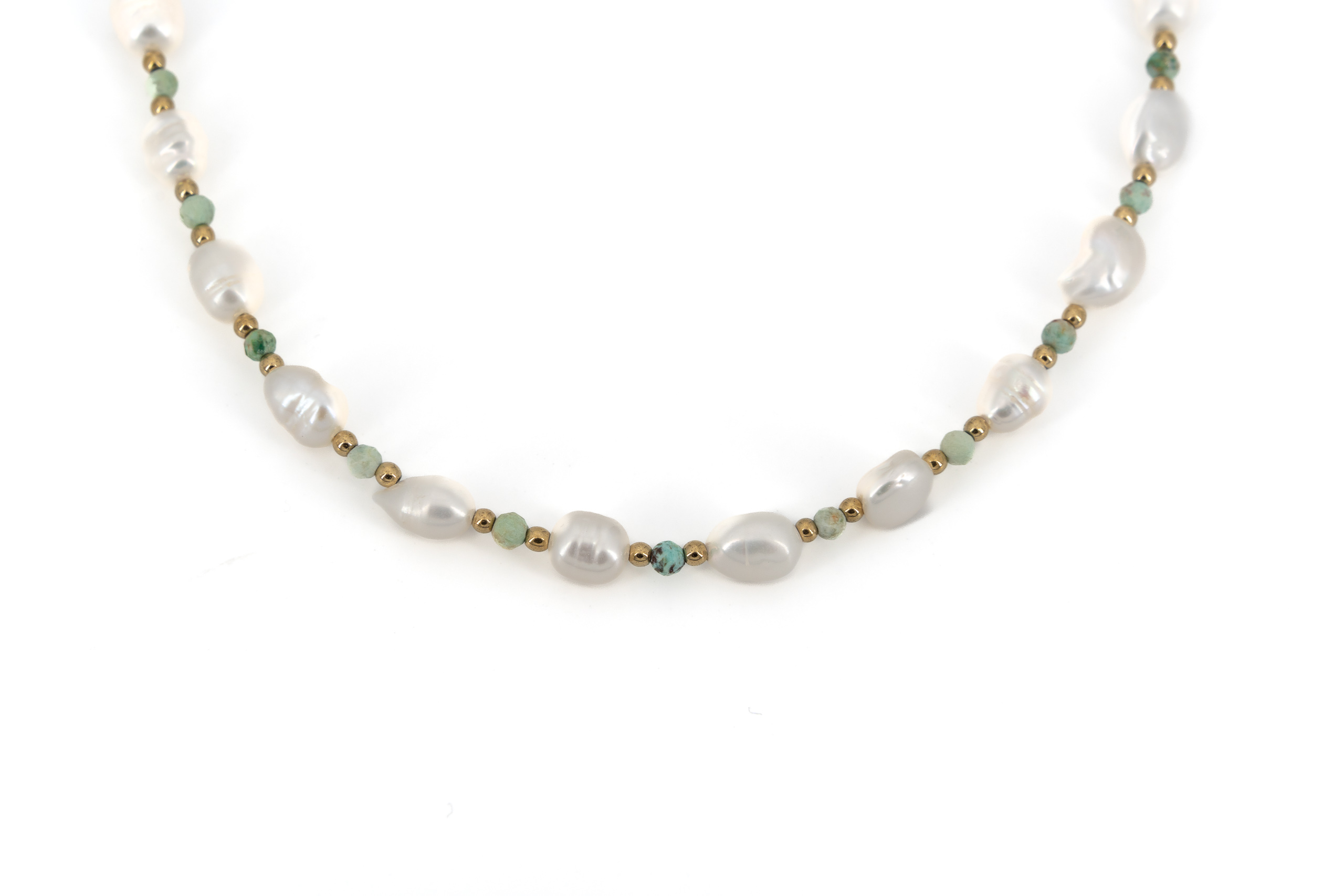 Collana corta acciaio dorato con perle e pietrine verdi