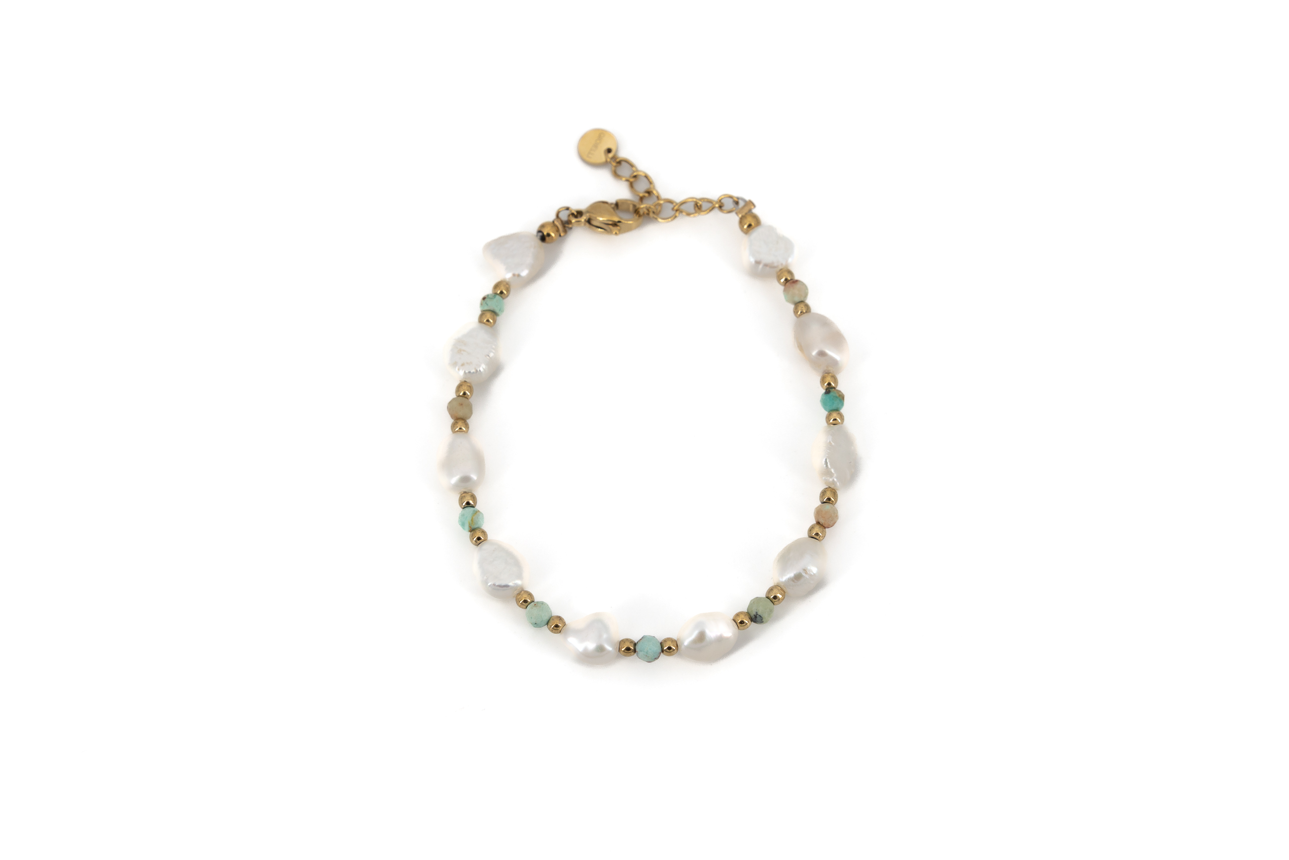 Bracciale acciaio dorato con perle e pietrine verdi