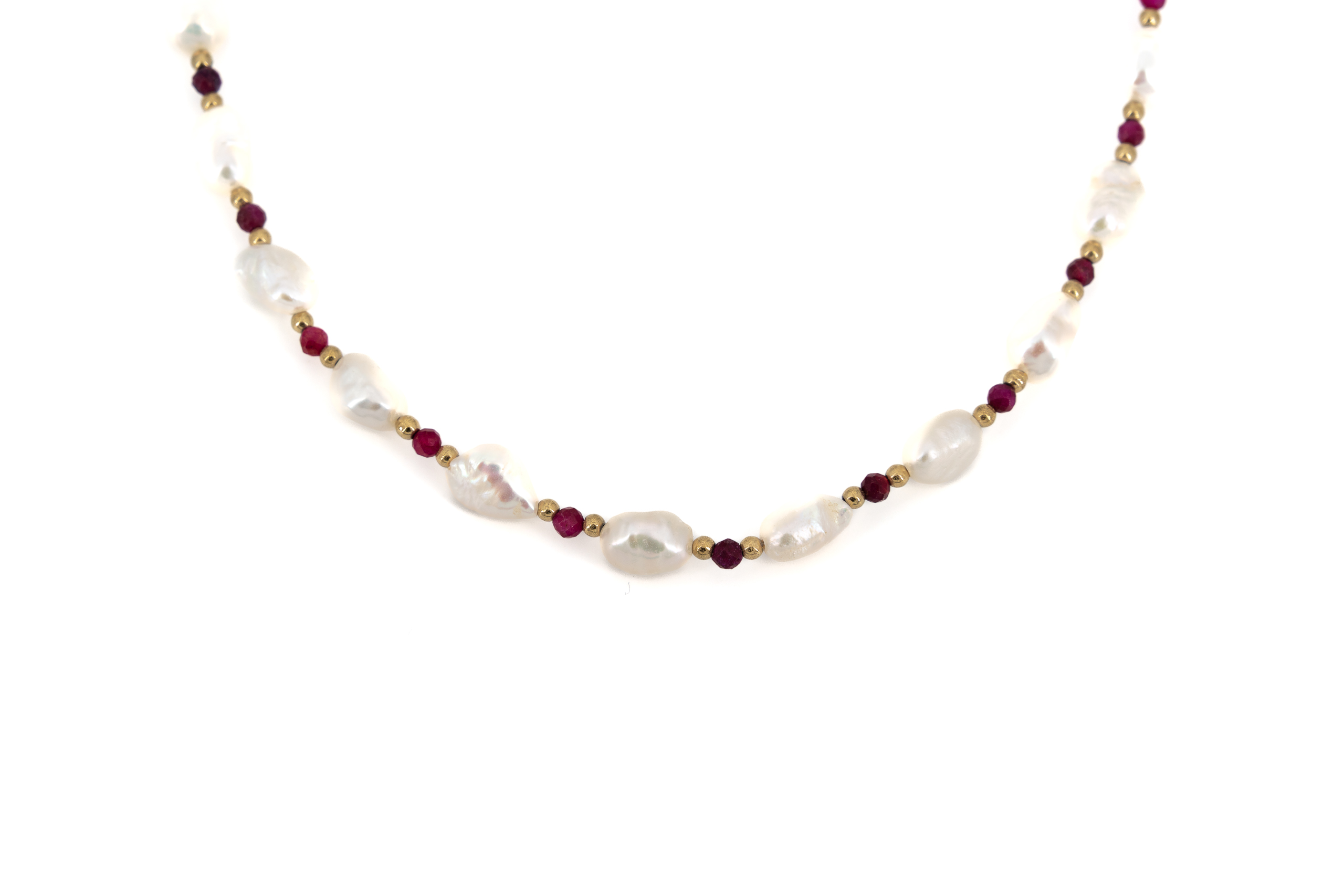 Collana corta acciaio dorato con perle e pietrine rosse