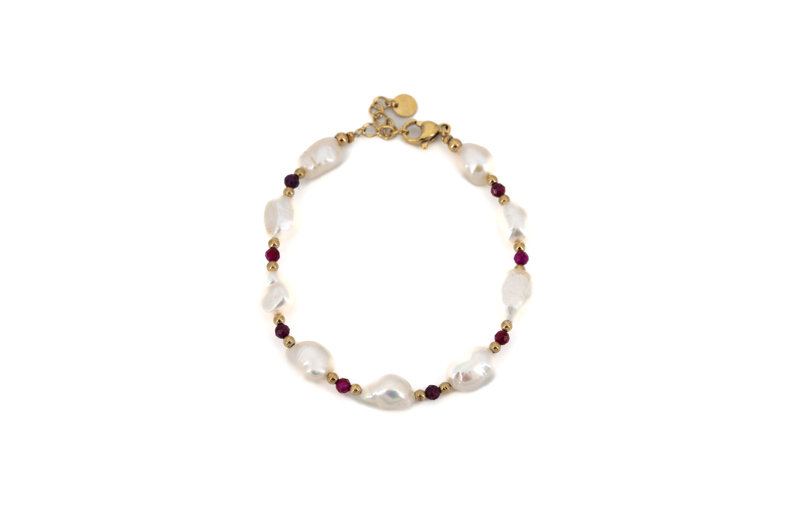 Bracciale acciaio dorato con perle e pitrine rosse