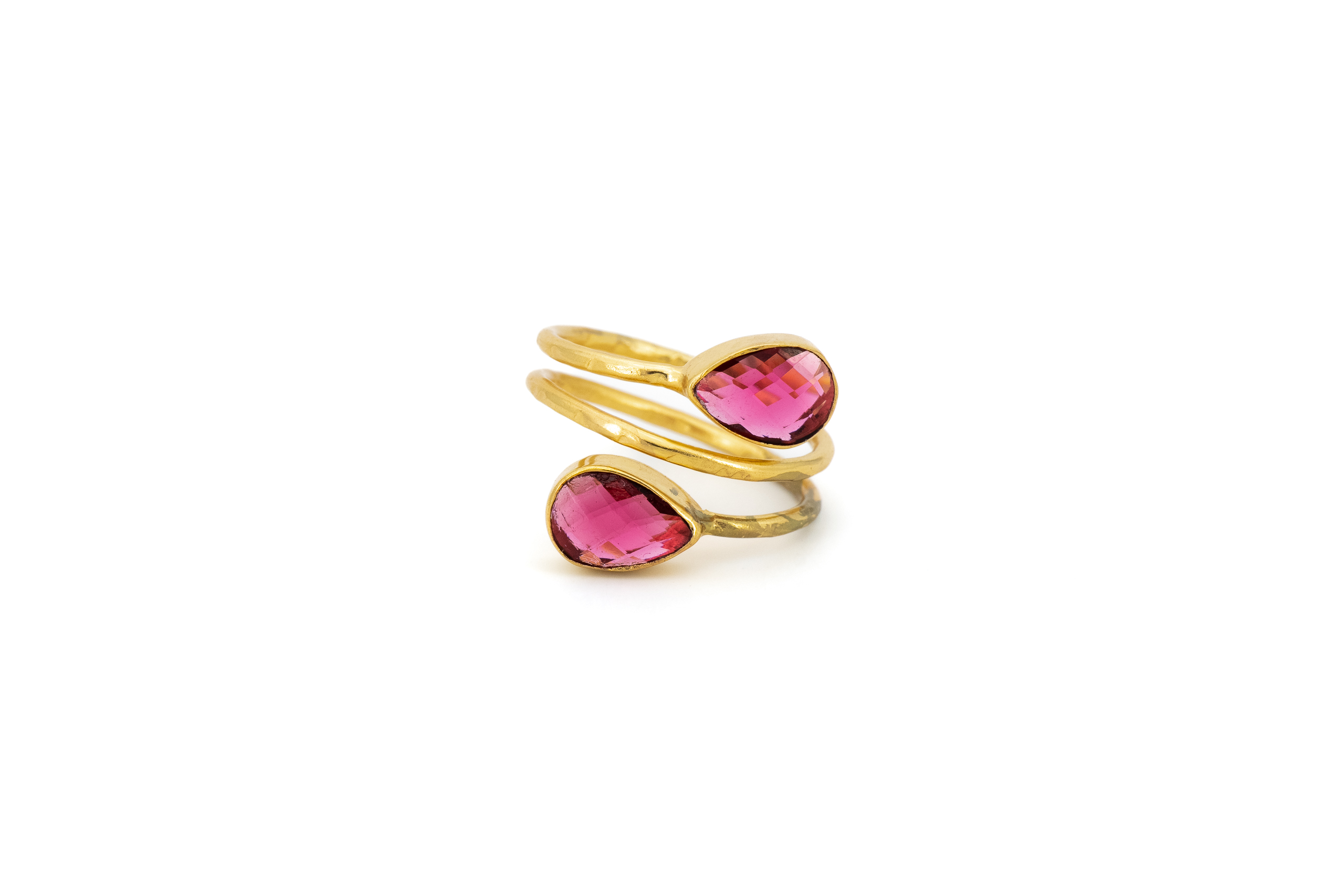 Anello ottone due gocce Quarzo idrotermale rosa fucsia