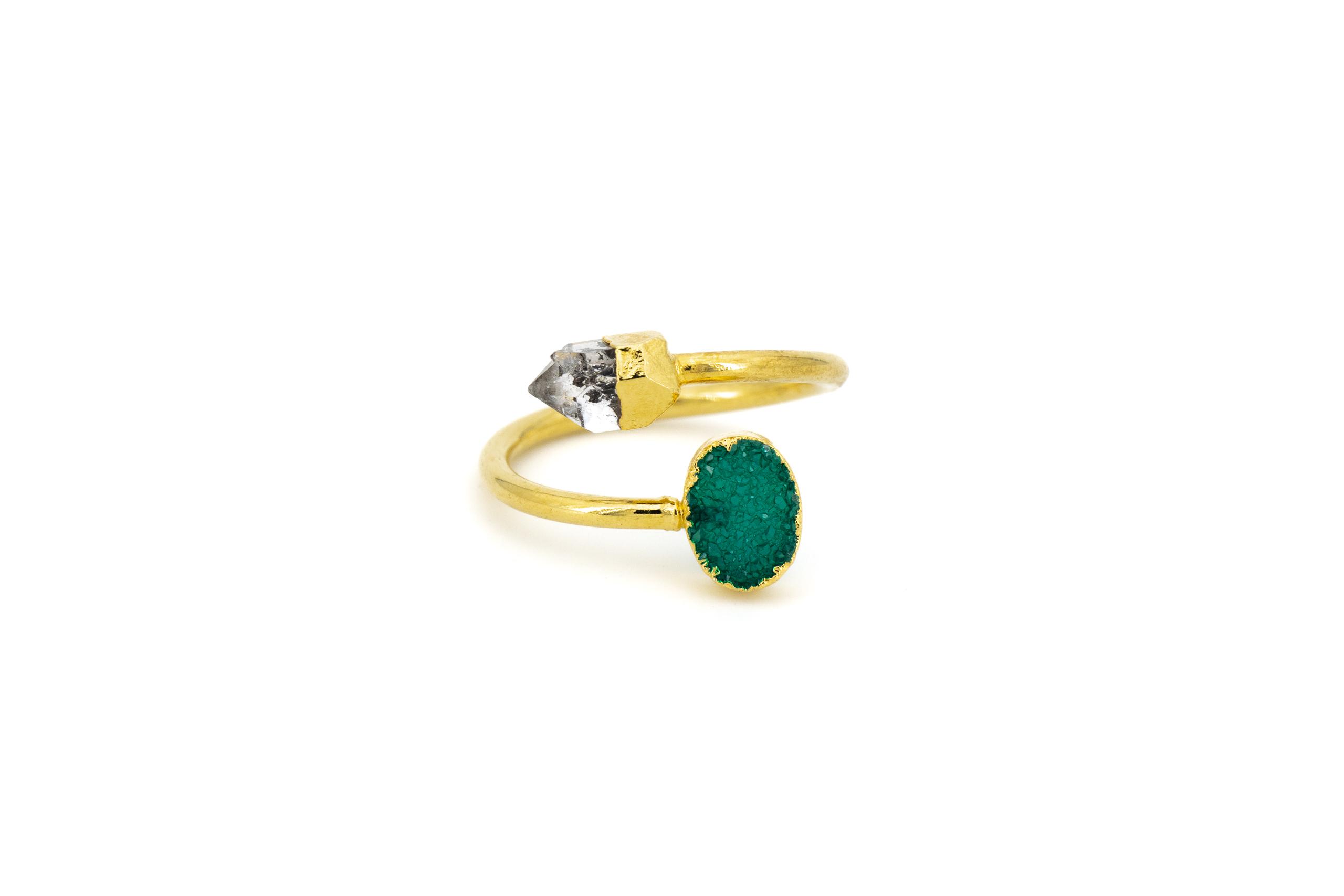 Anello ottone due pietrine Agata colorata verde e Quarzo