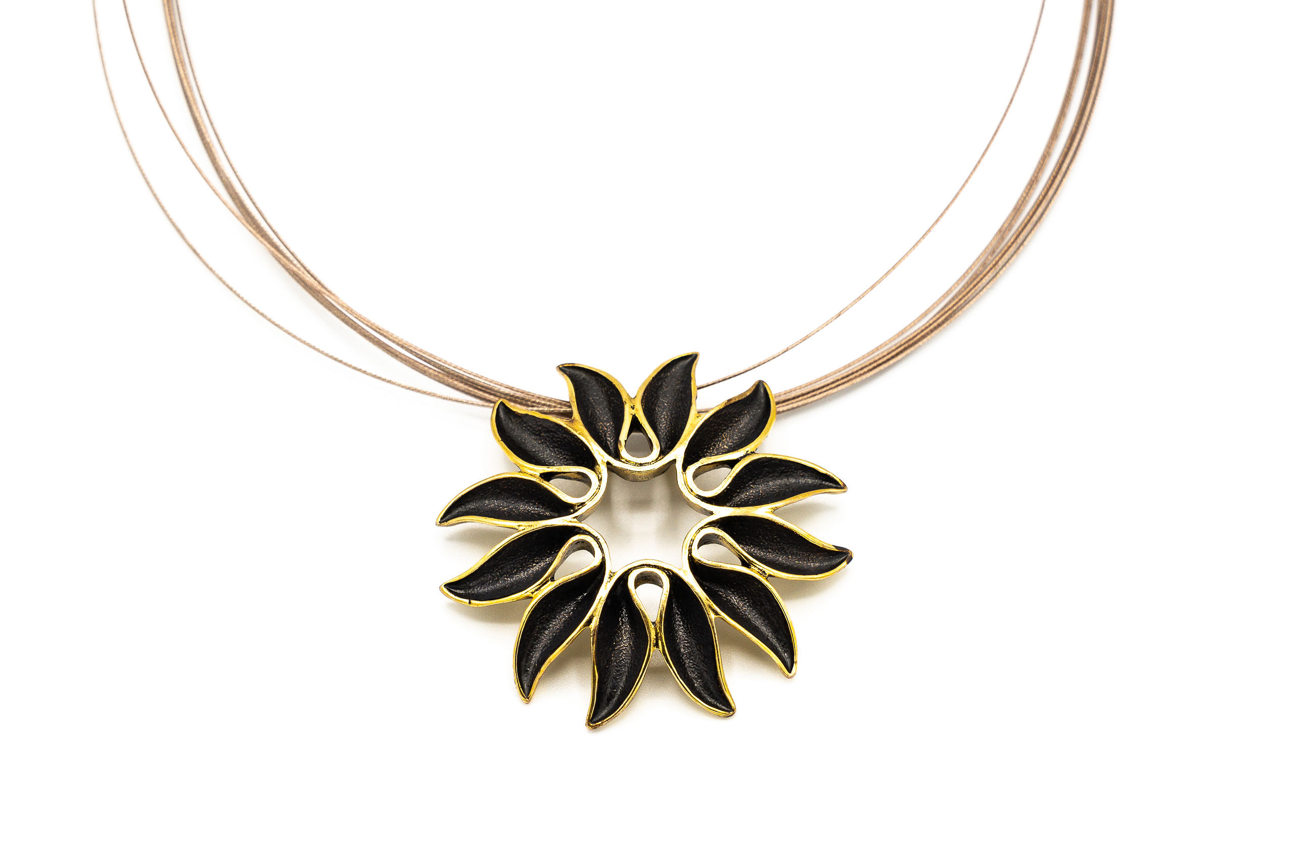 COLLANA FILI ACCIAIO MET.ZAMA BAGNO IN ORO ANTICO SOLE MARRONE