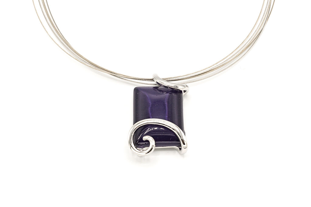 COLLANA MET. ZAMA BAGNO IN ARGENTO RETTANGOLO RICCIOLI VETRO VIOLA