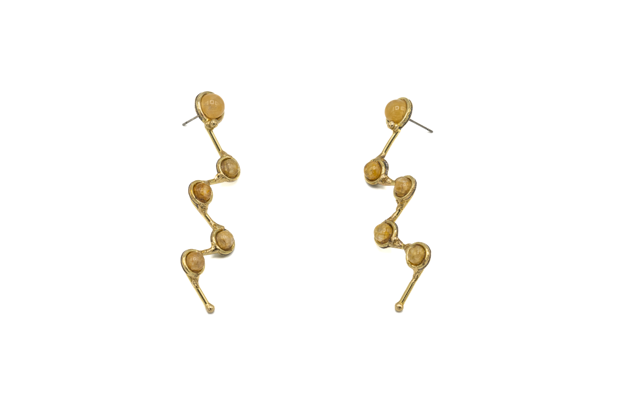 ORECCHINO A LOBO OTTONE PENDENDE ZIG ZAG 5PIETRE TONDE DIASPRO GIALLO