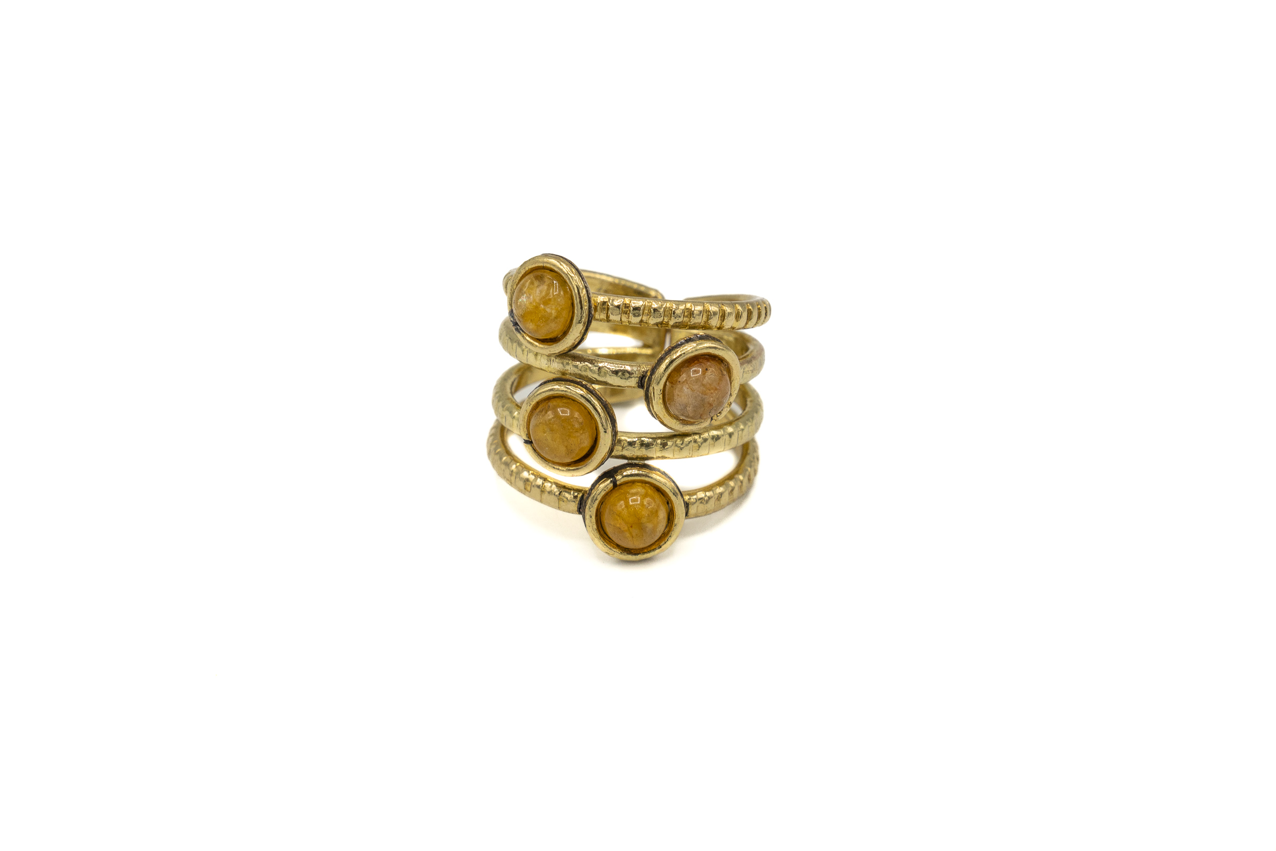 ANELLO REGOLABILE OTTONE FASCIA 4 PIETRE TONDE ONICE DIASPRO GIALLO