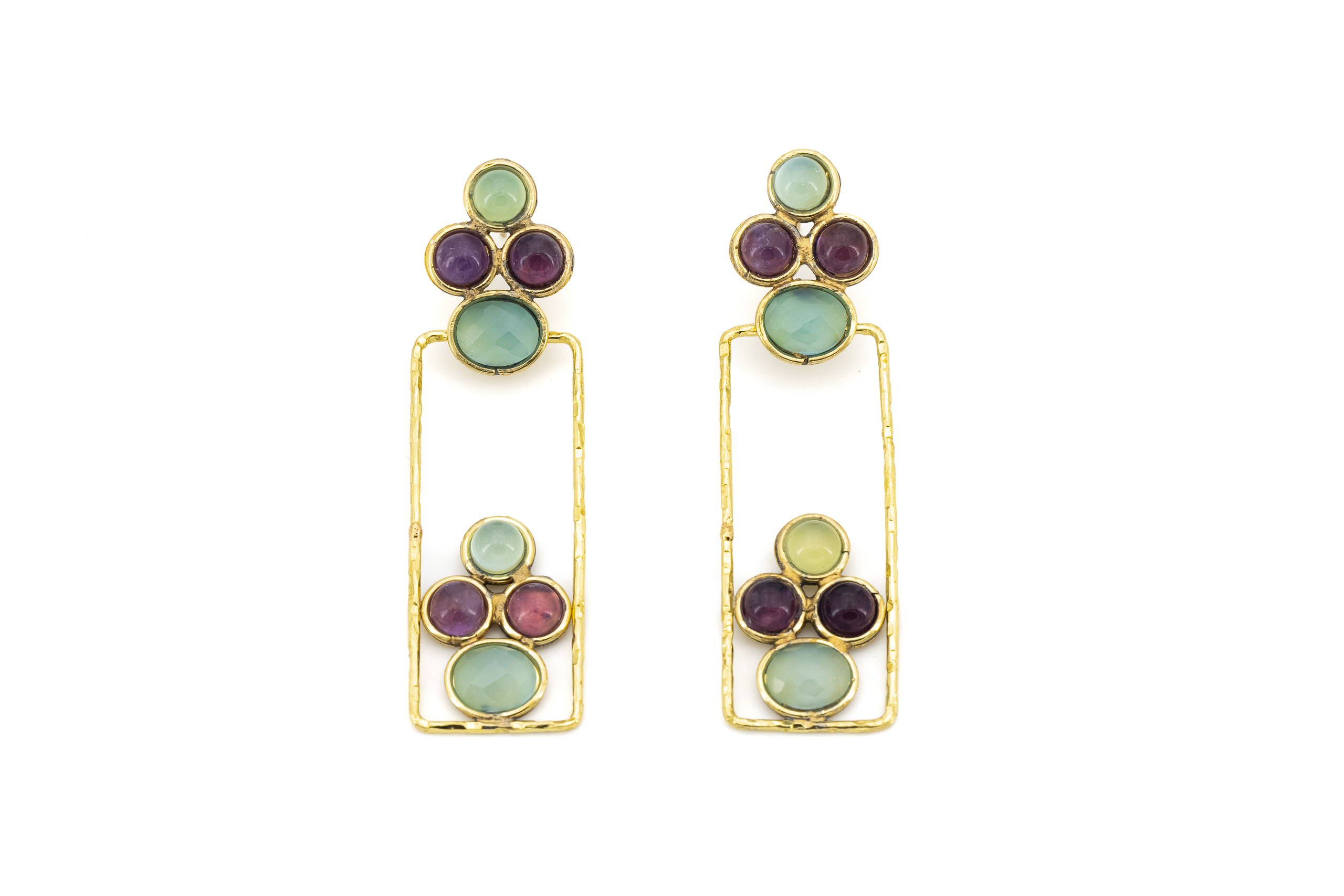 Orecchini ottone rettangolo aperto pietre Ametista,Calcite blu