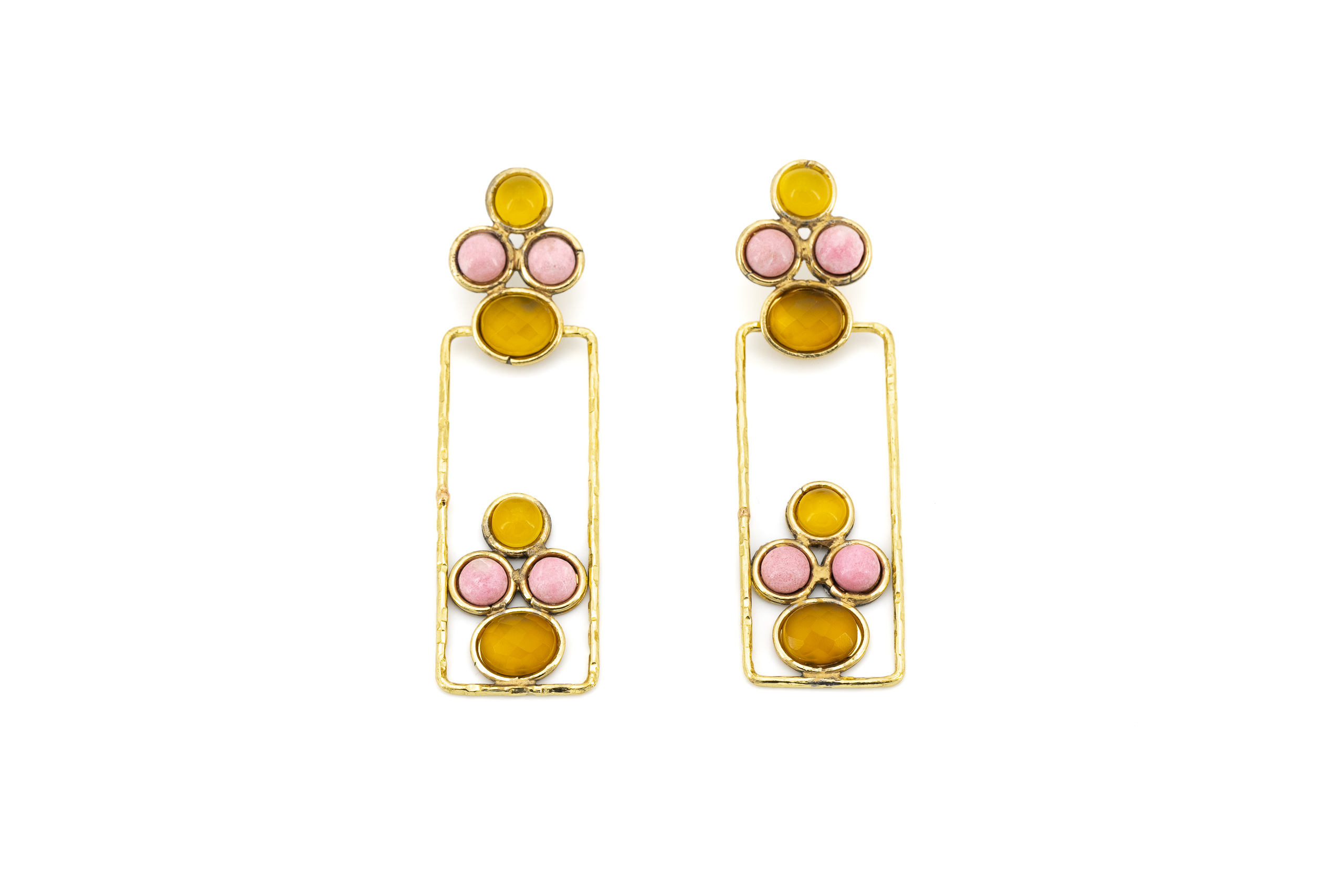 Orecchini ottone rettangolo aperto pietreTulite,Onice Lemon