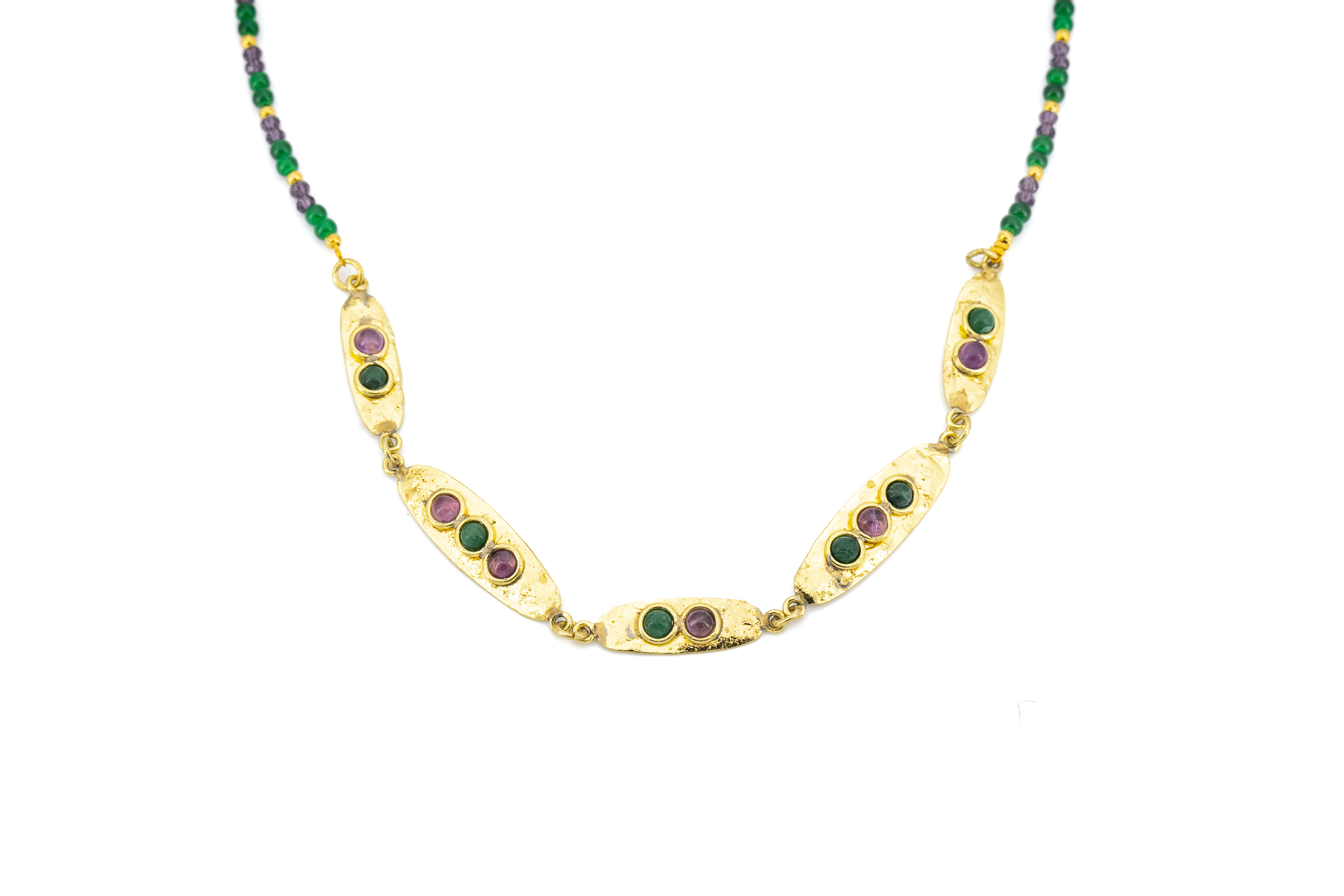 Collana corta ottone cinque ovali pietre Smeraldo,Ametista