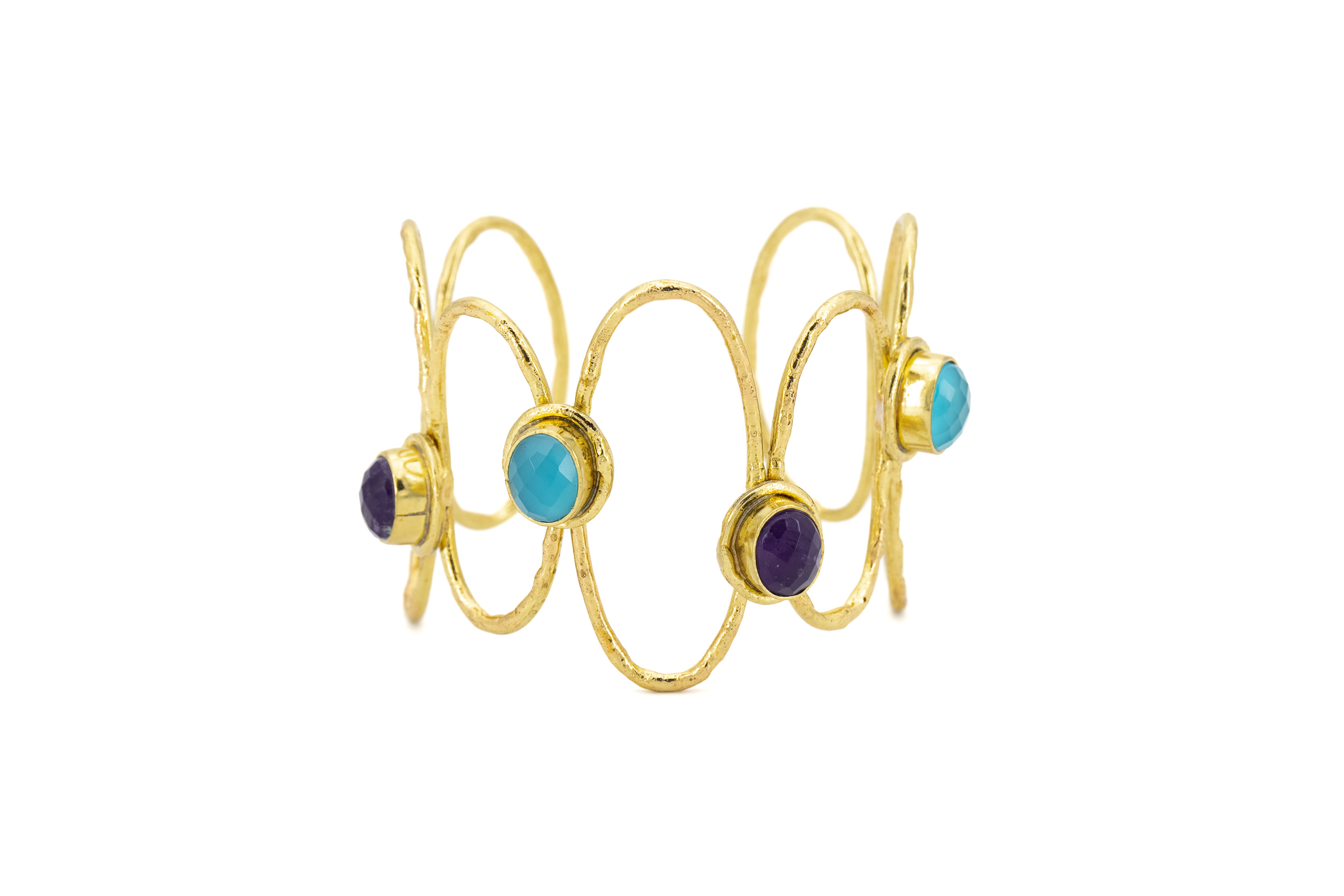 Bracciale ottone fascia quattro pietre Ametista e Calcite blu