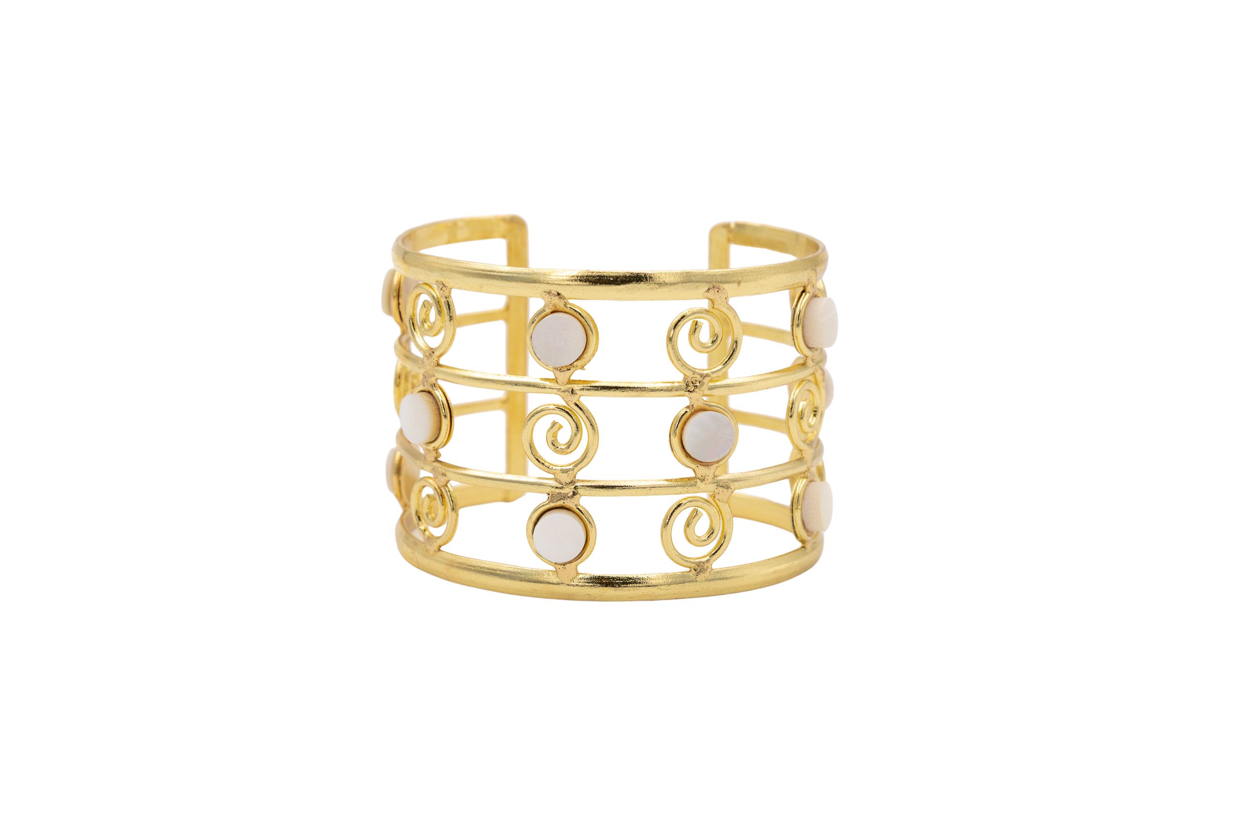 Bracciale ottone fascia riccioli e pietre Madreperla