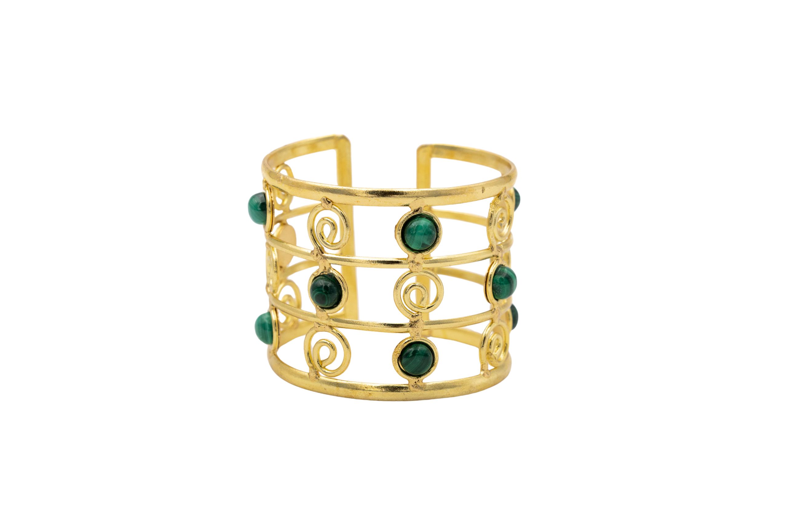 Bracciale ottone fascia riccioli e pietre Malachite