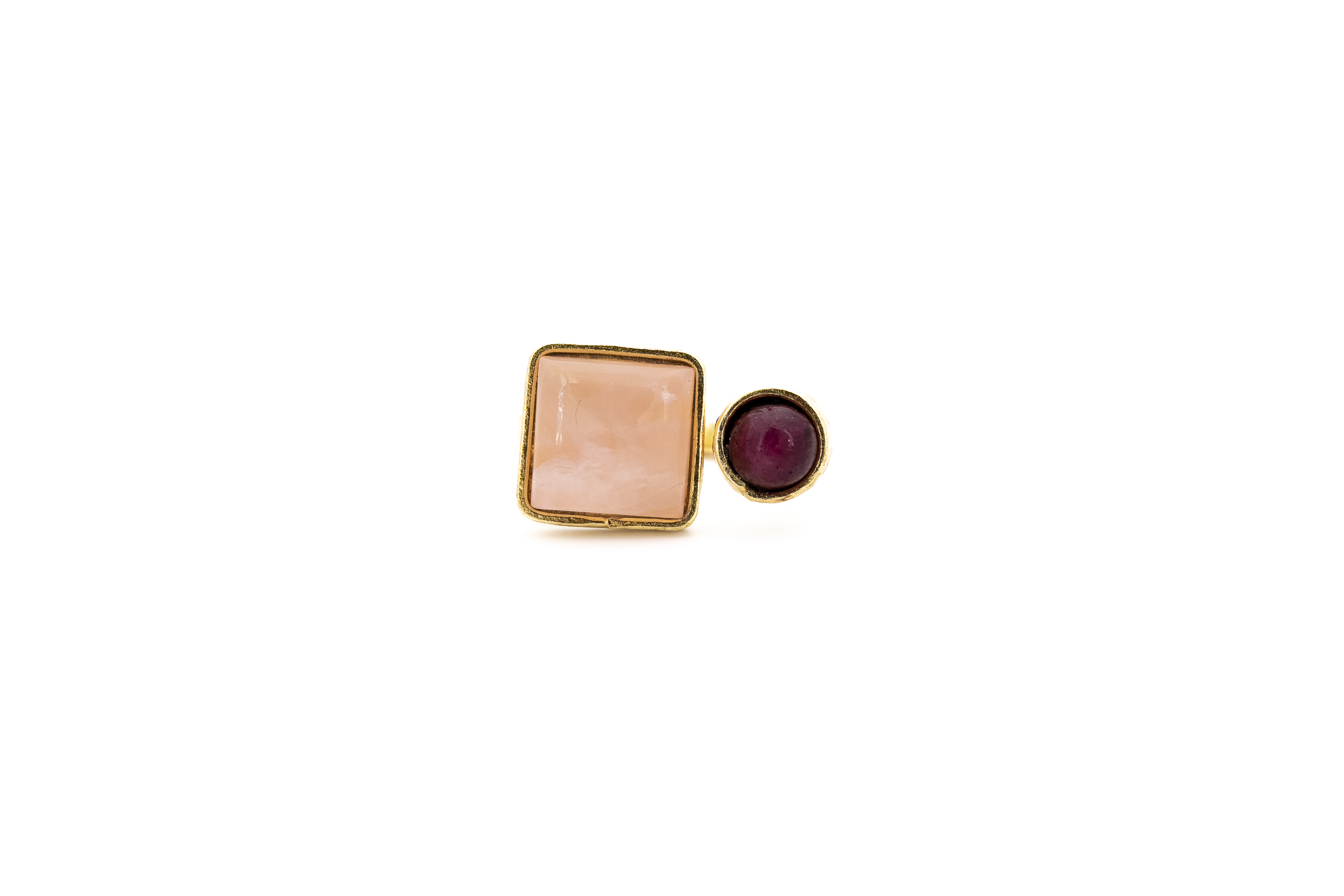 Anello ottone due pietre quadro+tondo quarzo rosa e rubino