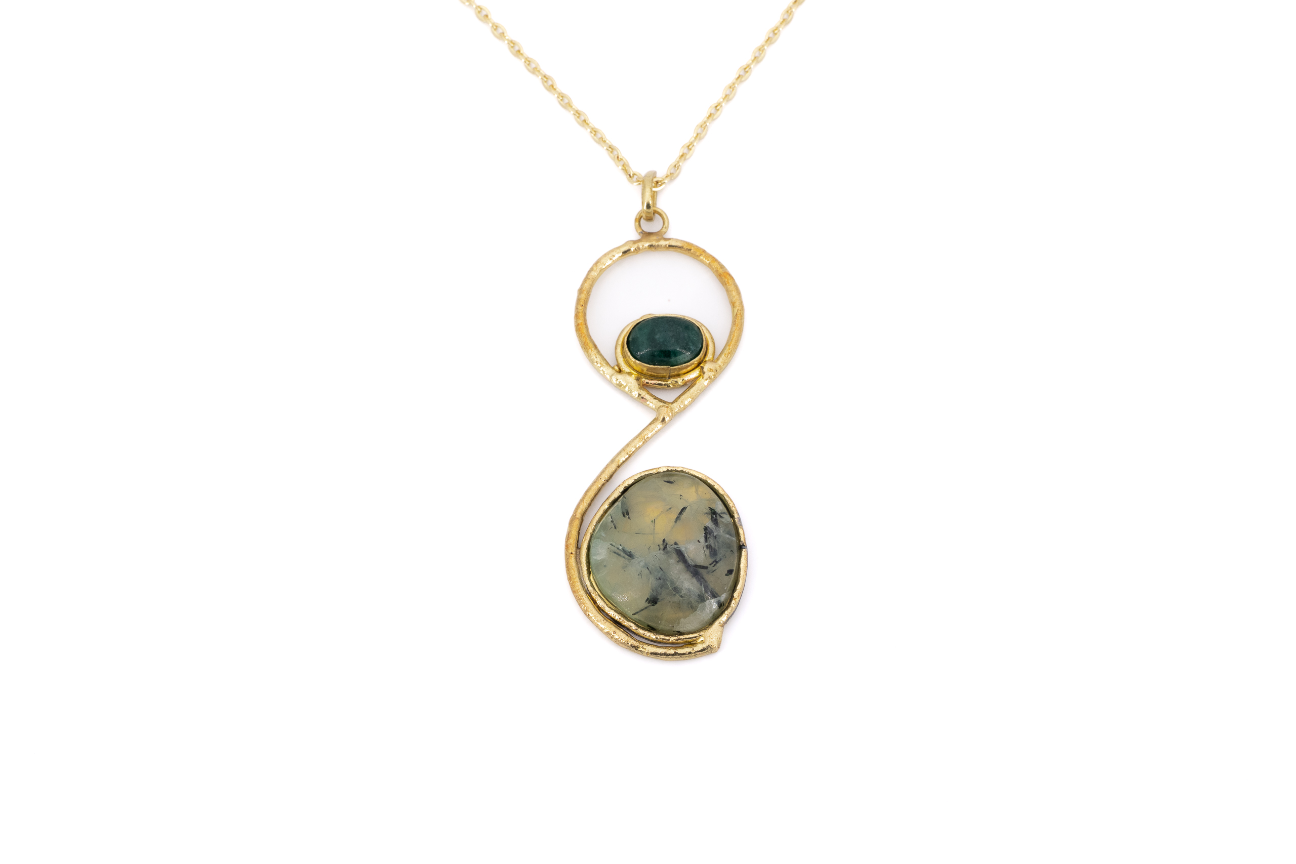 Collana lunga ottone infinito due pietre Smeraldo,Prehinite