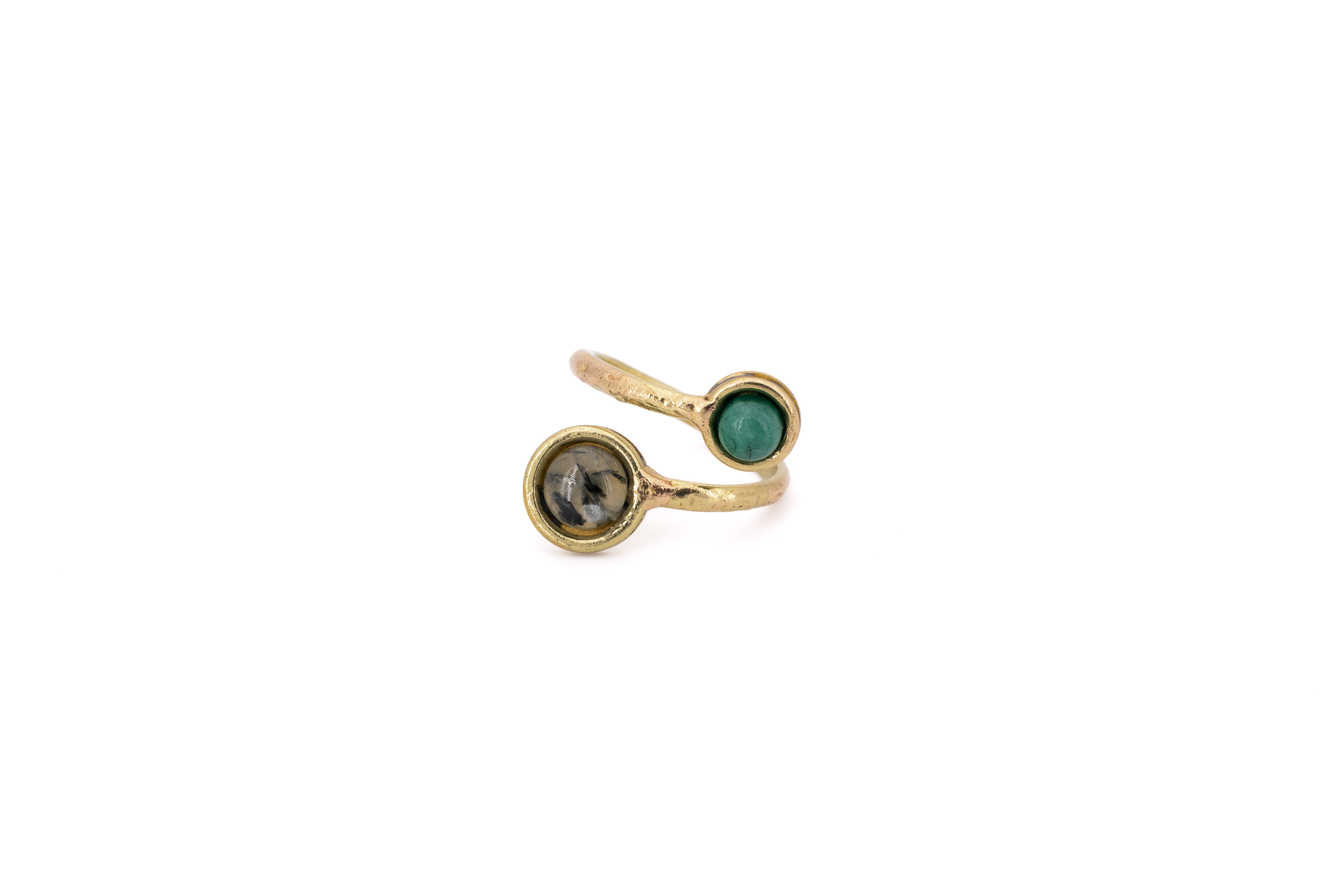 Anello ottone due pietre tondini Prehinite,Smeraldo.
