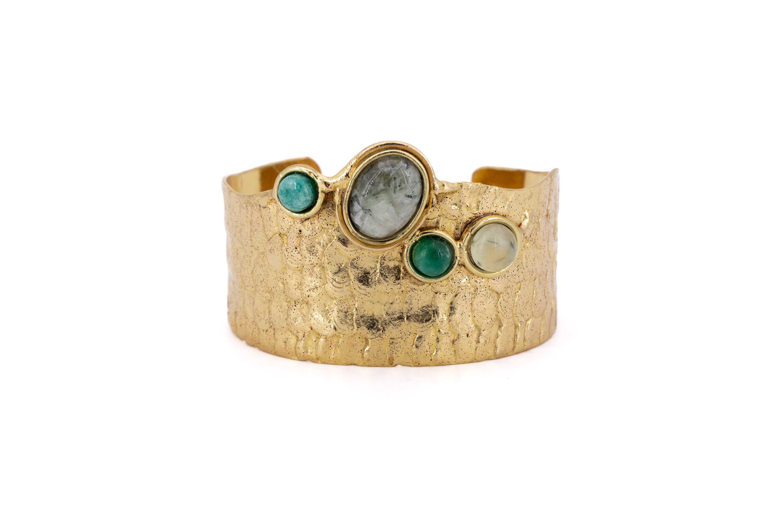 Bracciale ottone fascia quattro pietre Prehinite,Smeraldo