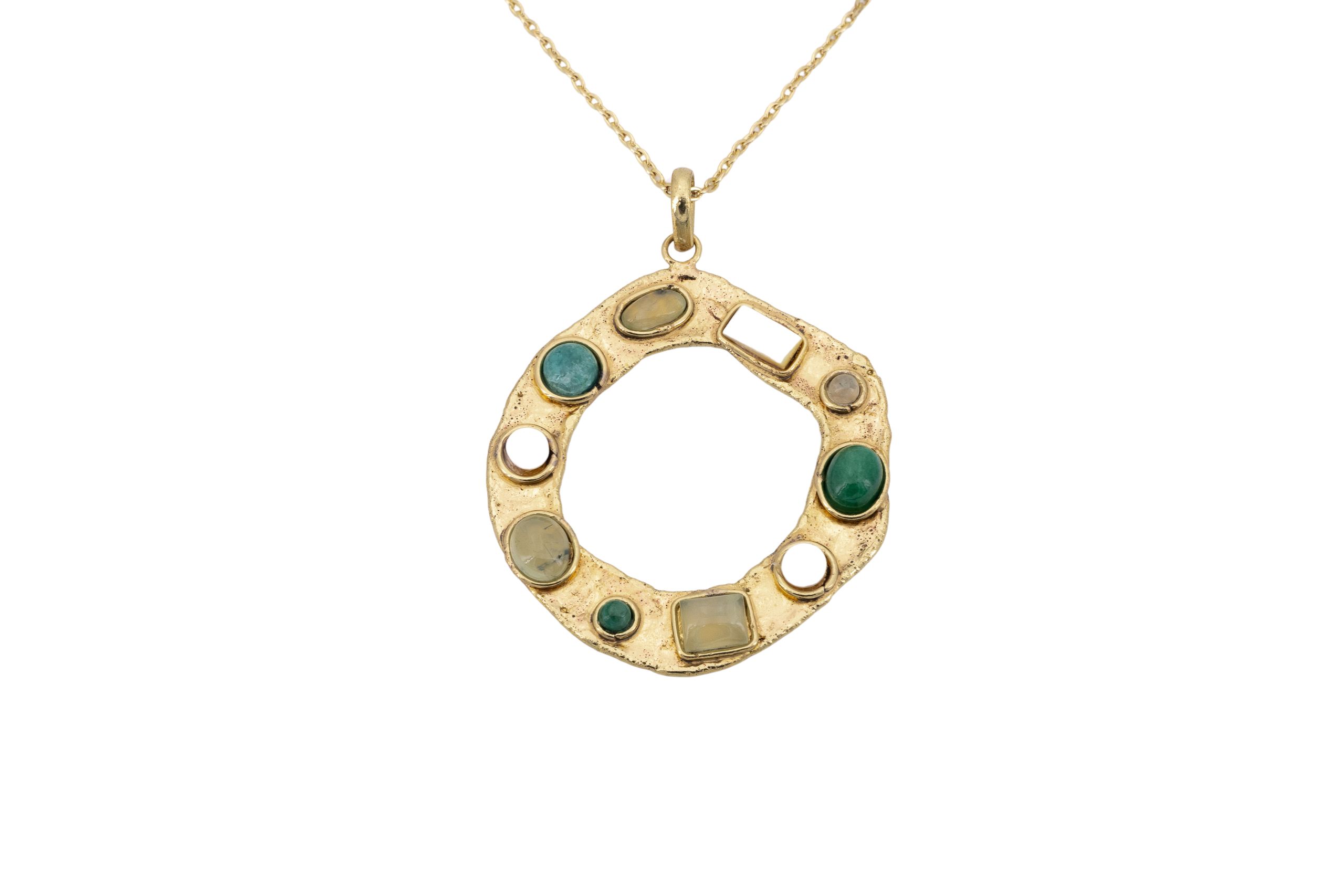 Collana lunga ottone cerchio Prehinite,Smeraldo,Ametista V.
