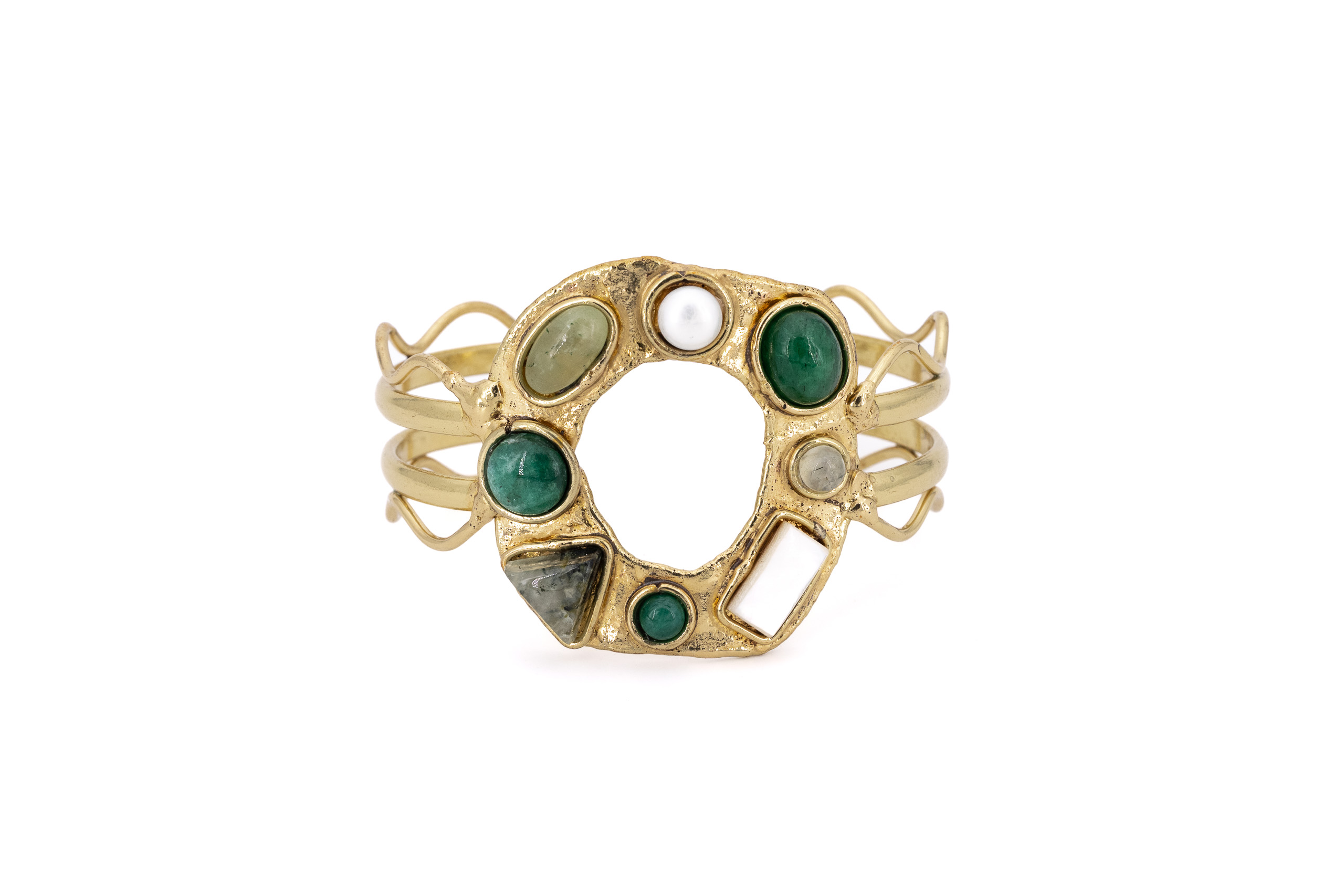 Bracciale ottone cerchio pietre Prehinite,Smeraldo,Ametista V