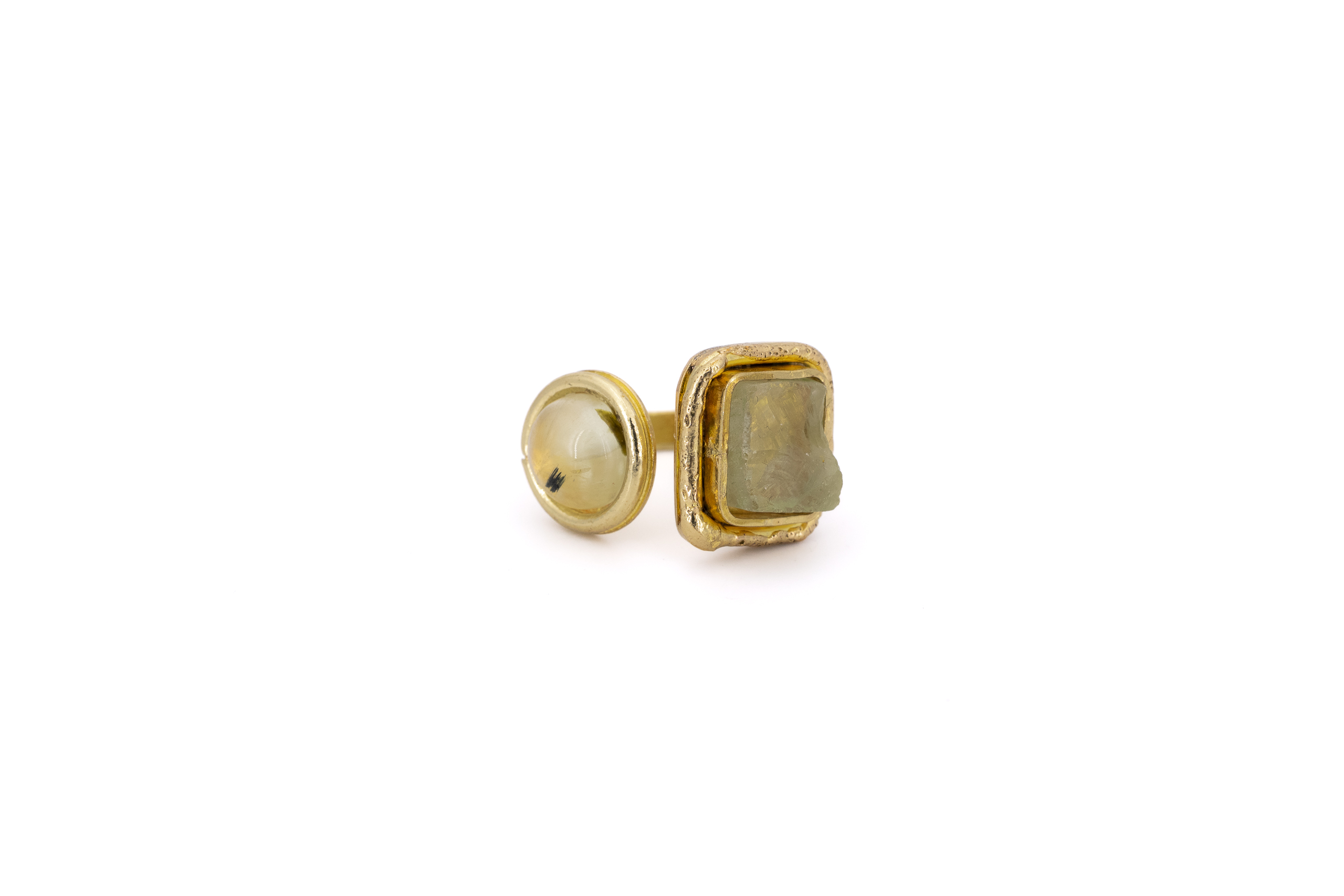 Anello ottone due pietre tondino+quadretto Ametista Verde
