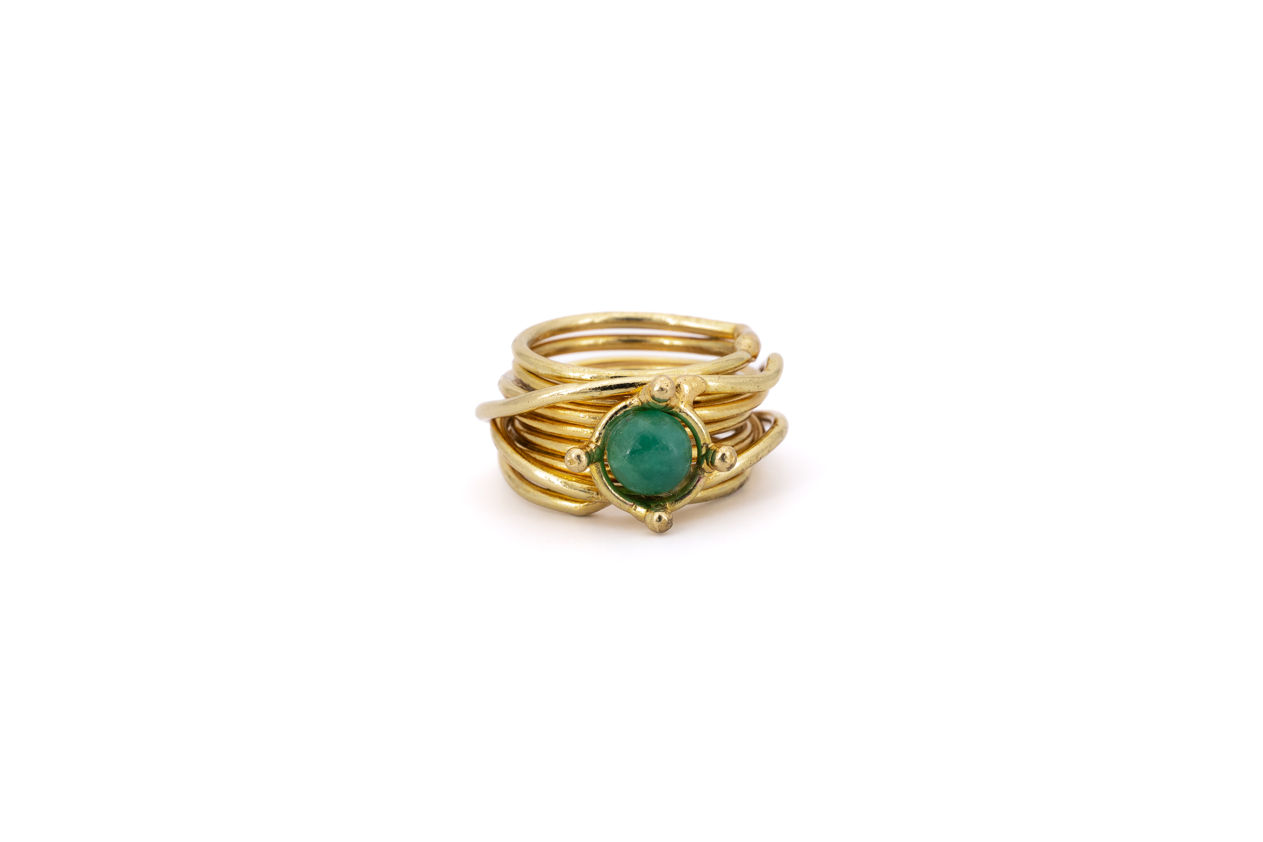 Anello ottone fili intrecciati con pietra tondino Smeraldo