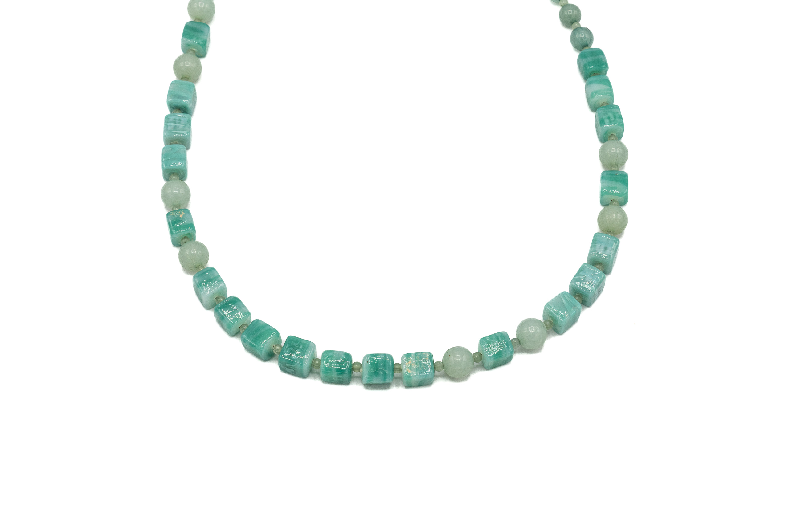 COLLANA LUNGA VETRO QUADRETTI+PLALLINE SFUMATURA TURCHESE