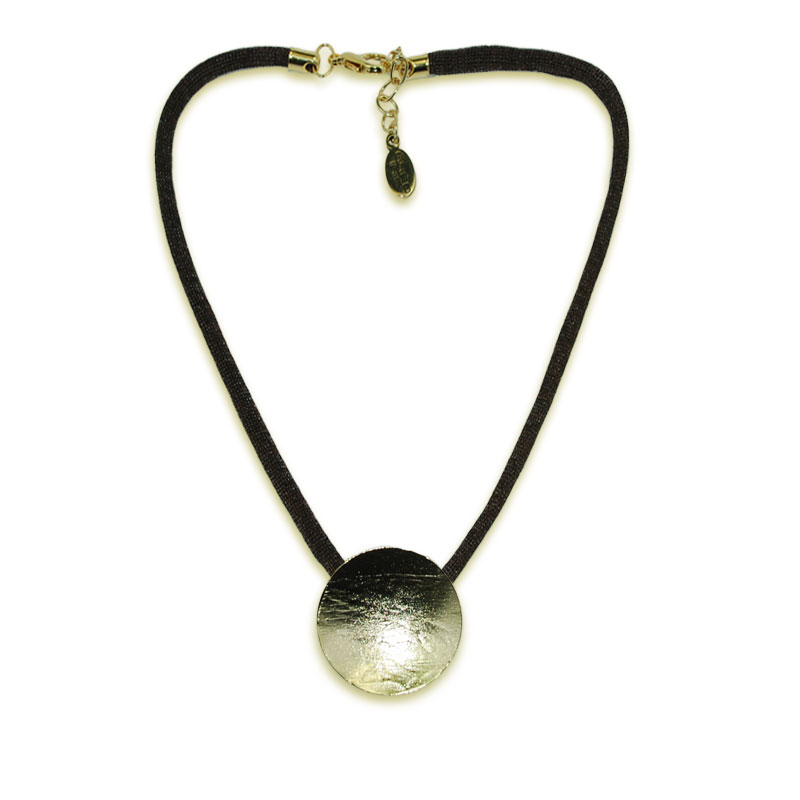 COLLANA CORDINO METALLICO MARRONE E TONDO PICCOLO CONCAVO DORATO