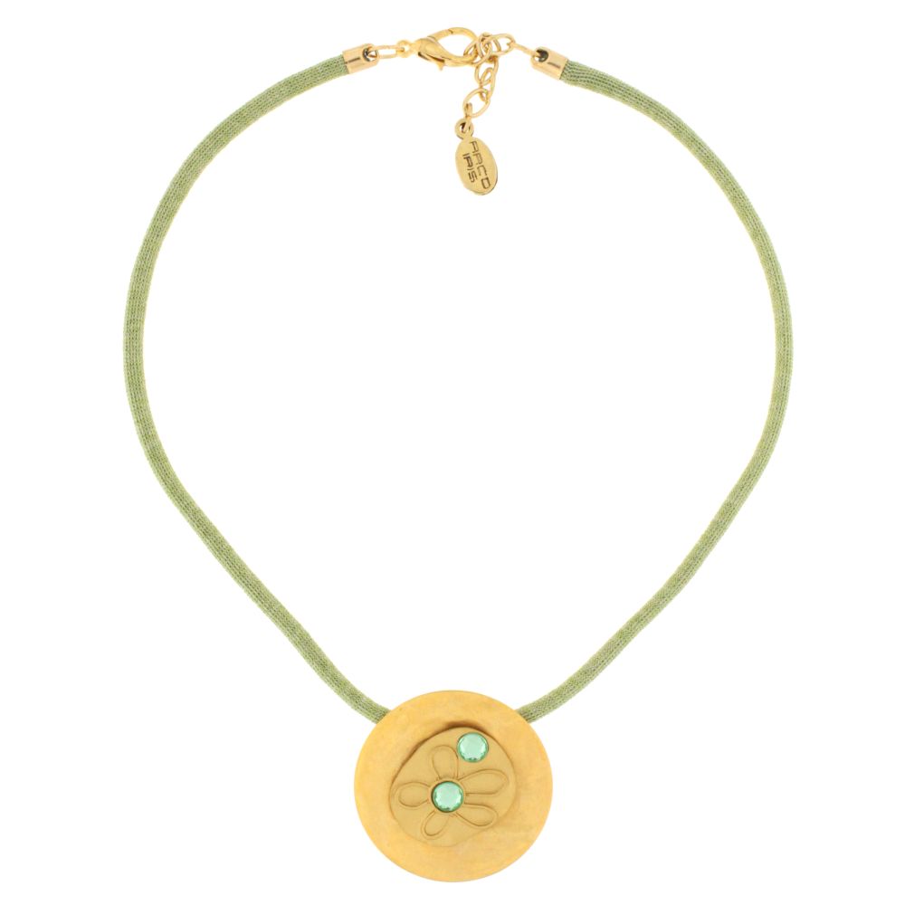 COLLANA CRDINO METALLICO TONDO DORATO BATTUTO FIORE E STRASS- VERDE